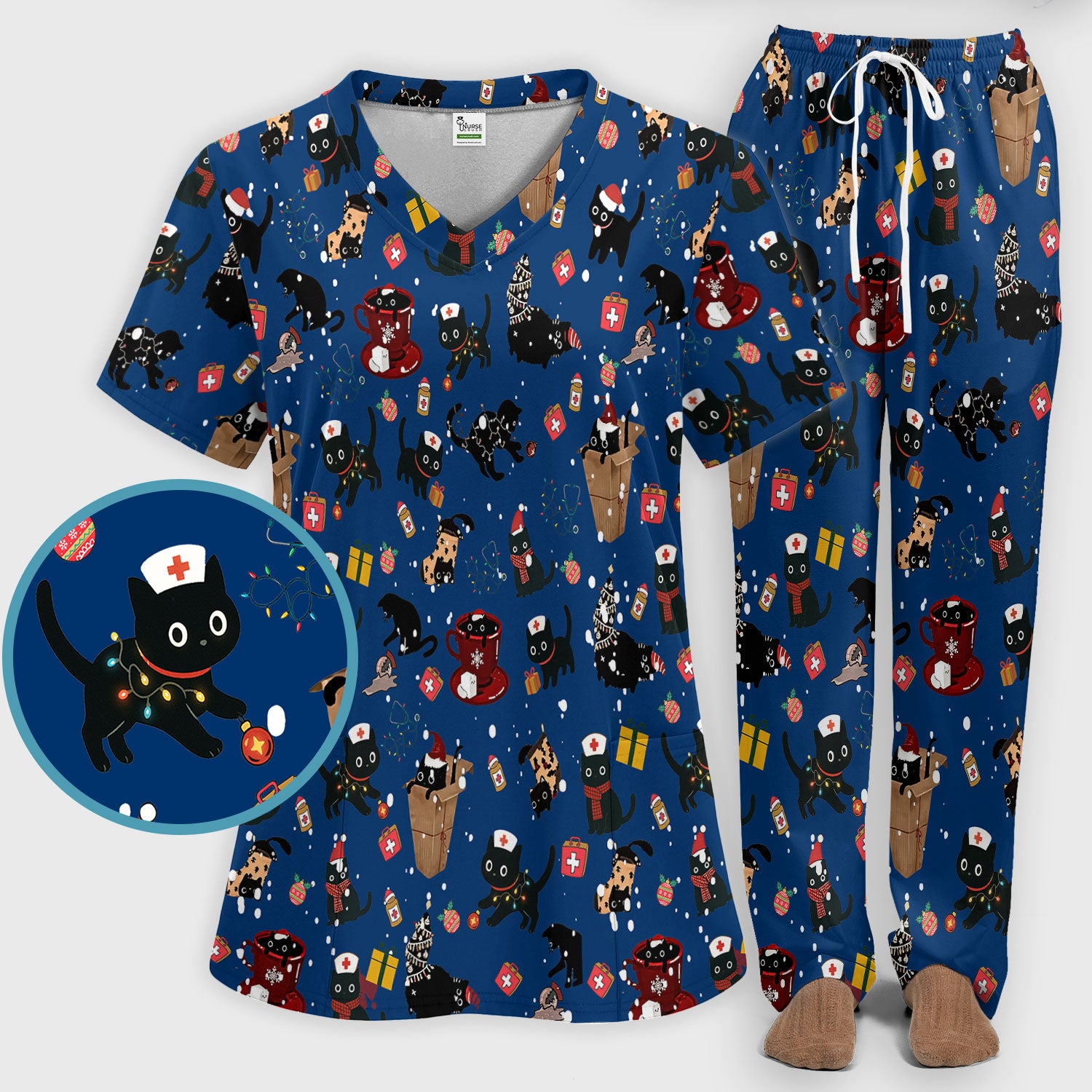 Christmas Cat Scrub Set for Nurse - Funny Black Cats Scrubs Pants and V Neck Top - Cute Holiday Medical Uniform for Women