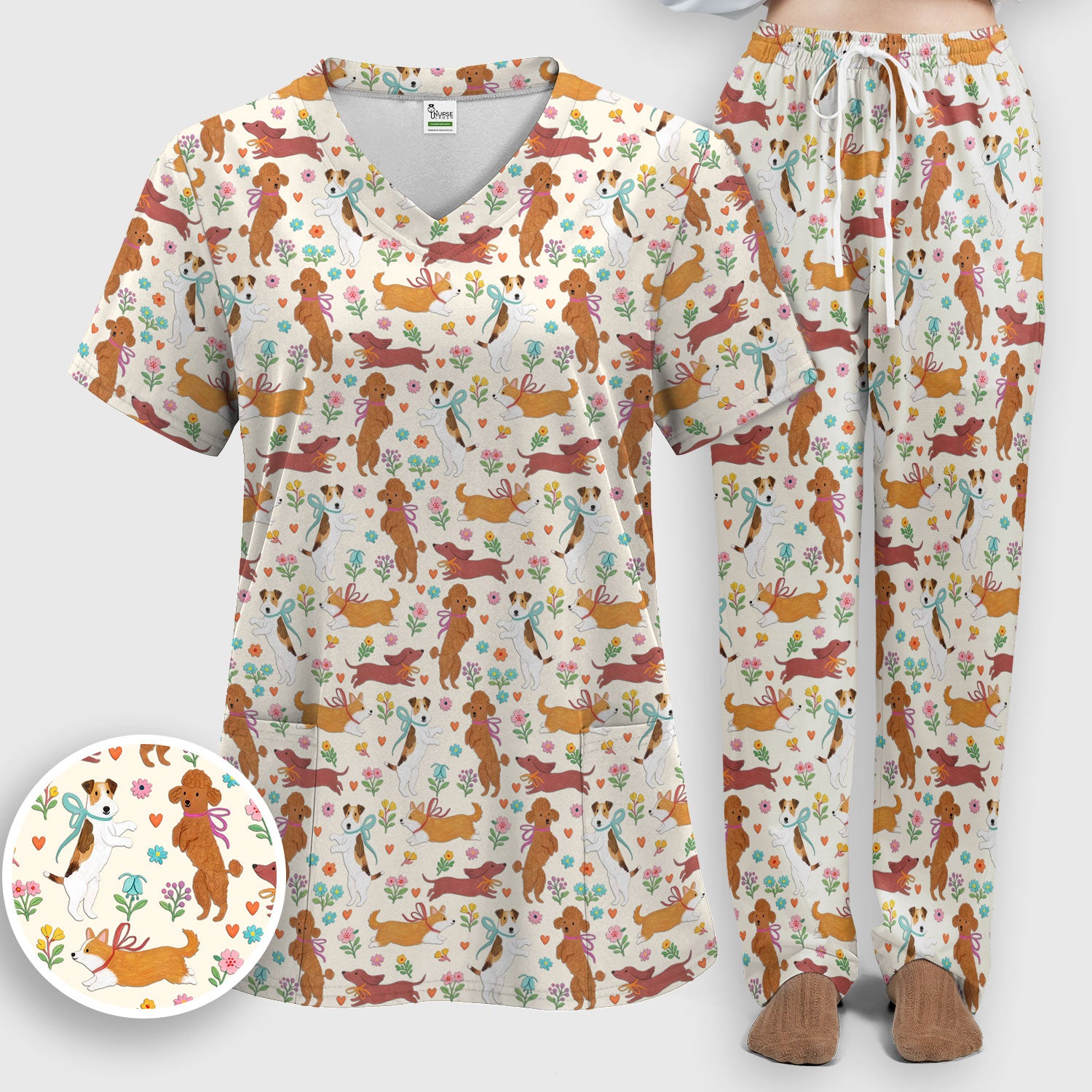 Cute Cartoon Dog Print Women's Scrub Set, Scrub Pants and V Neck Top