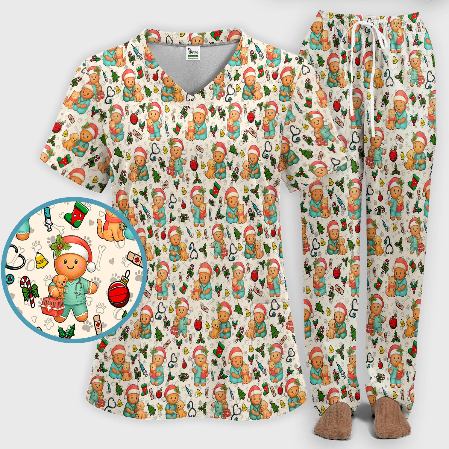 Cute Pharmacy Christmas Scrub Set – Funny Gingerbread Nurse Print Shirt – Festive Holiday Medical Uniform for Pharmacy Tech and Doctor