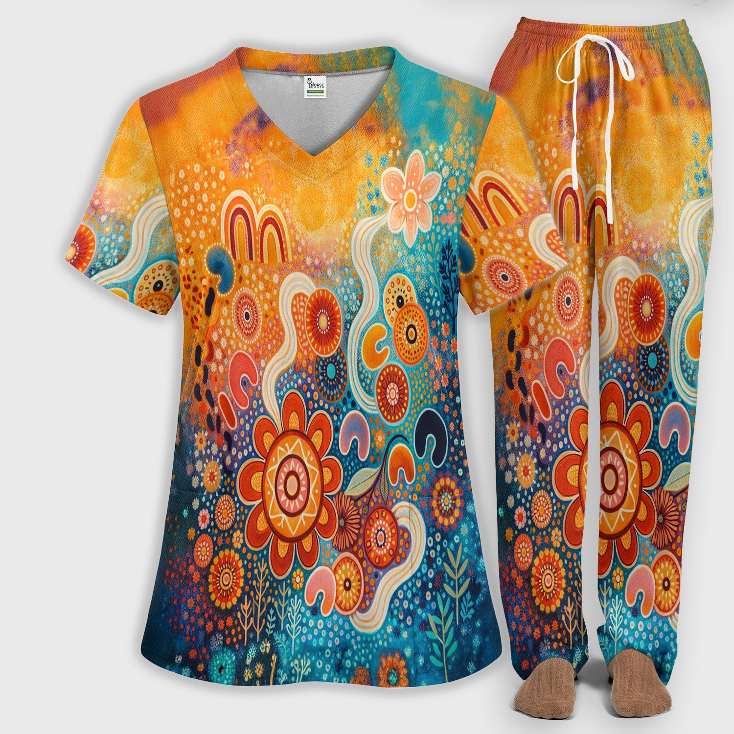 Australian Dot Art Inspired Scrub Set, Artistic Boho Pattern Nurse Shirt, Comfortable Scrubs For Nursing