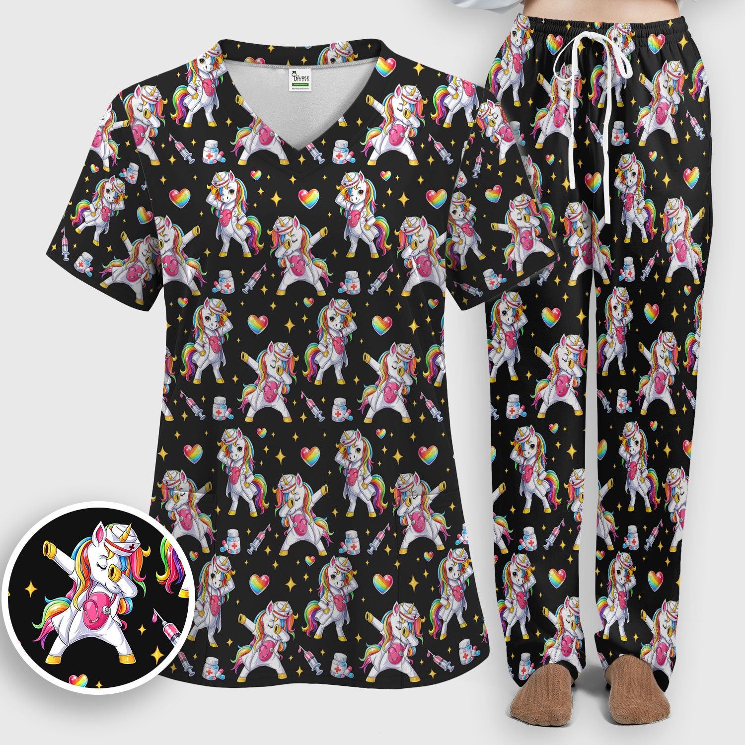 Playful Nurse Unicorn Rainbow Pattern Scrub Set, Breathable Med Uniform