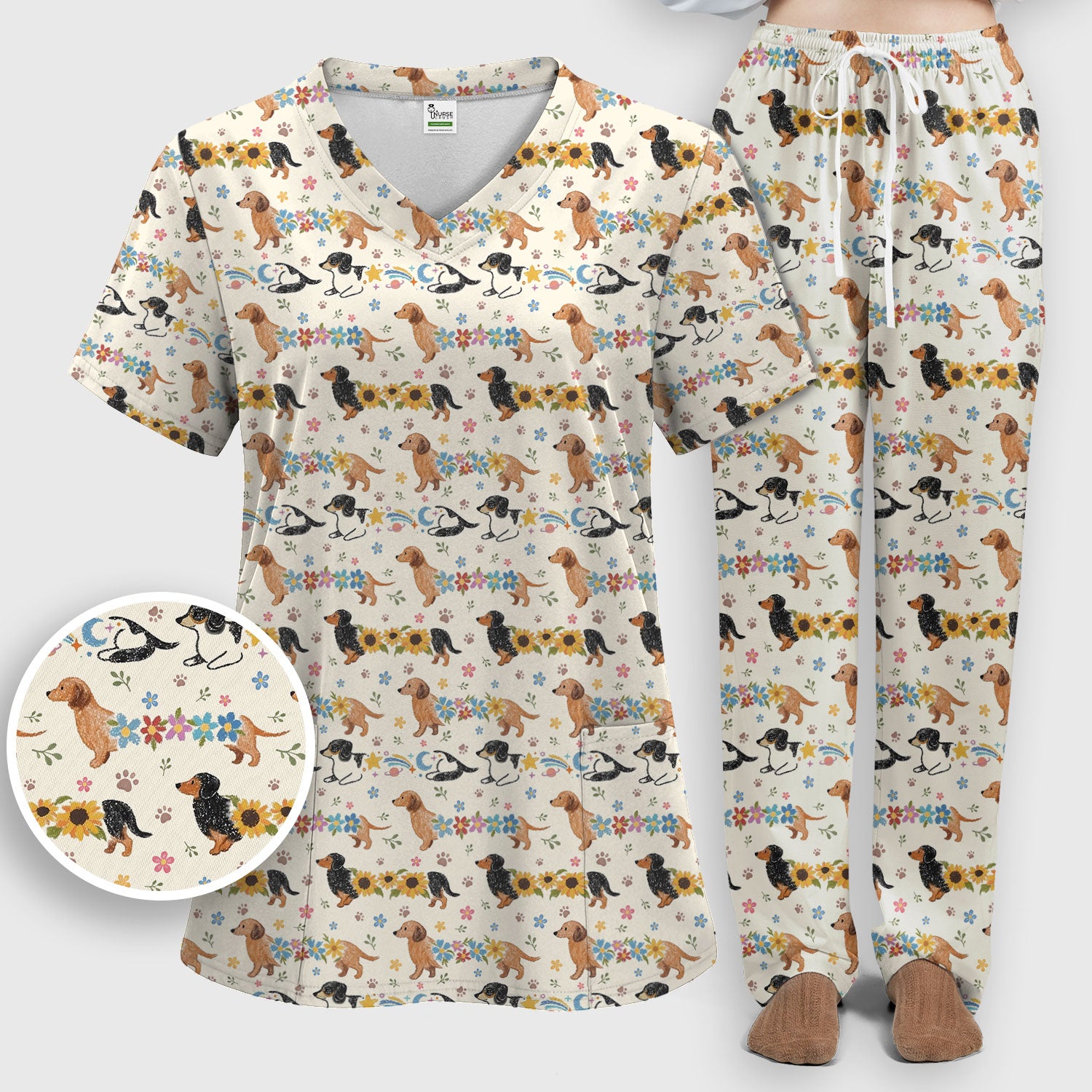 Floral Wiener Dog Pattern Scrub Set, Scrub Pants and V Neck Top