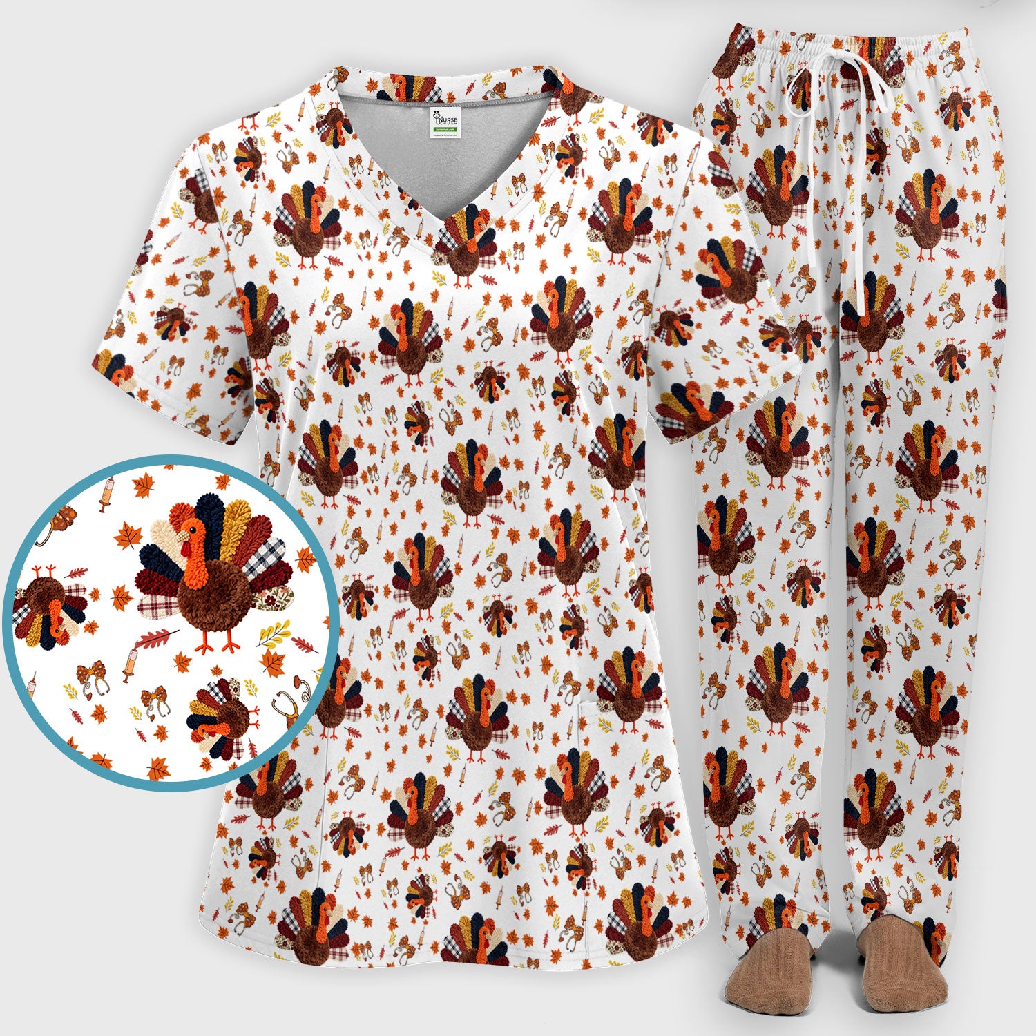 Thanksgiving Women's Scrub Sets - Funny Autumn Turkey Pants and V Neck Top - Breathable Fabrics Nursing Uniform