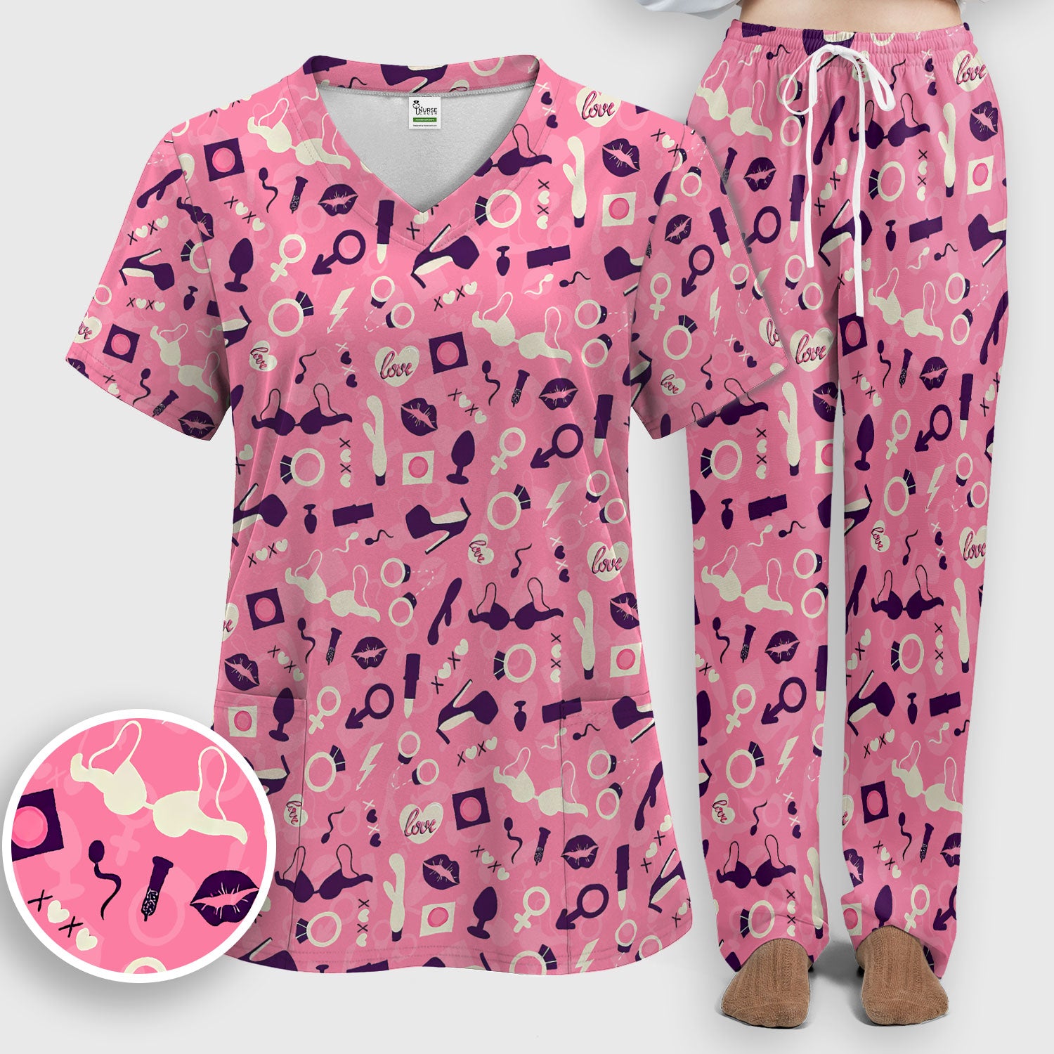 Valentine Pattern Nurse Scrub Set, Pink Love Nurse Shirt, Breathable Fabrics Nursing Uniform