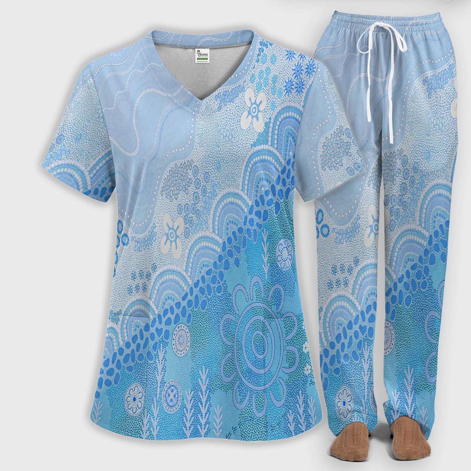 Floral Mandala Dot Pattern Women's Scrub Set, Scrub Pants and V Neck Top