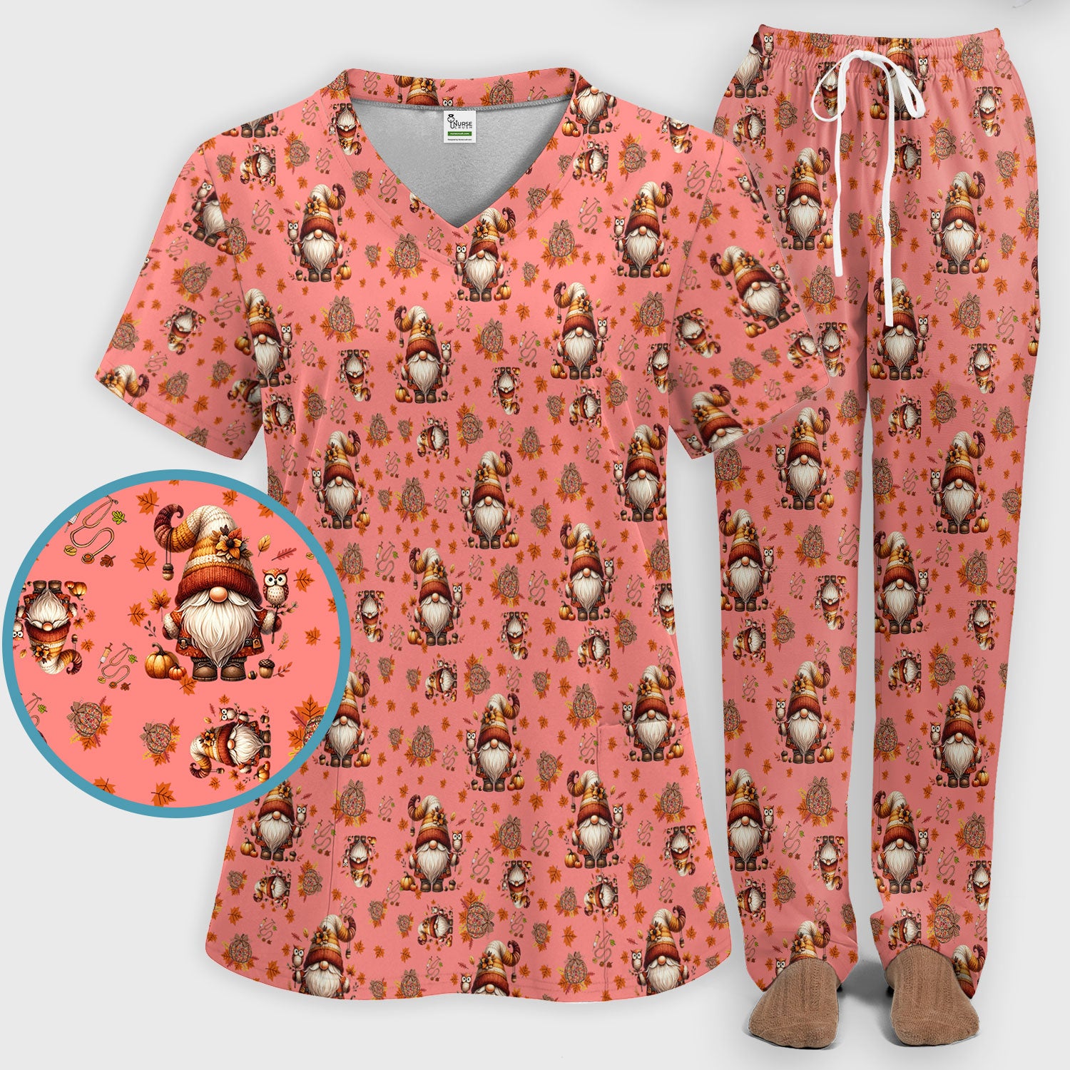 Fall Gnome Women's Scrub Sets - Autumn Leaves Pumpkin Scrub Pants and V Neck Top - Thanksgiving Nursing Uniform