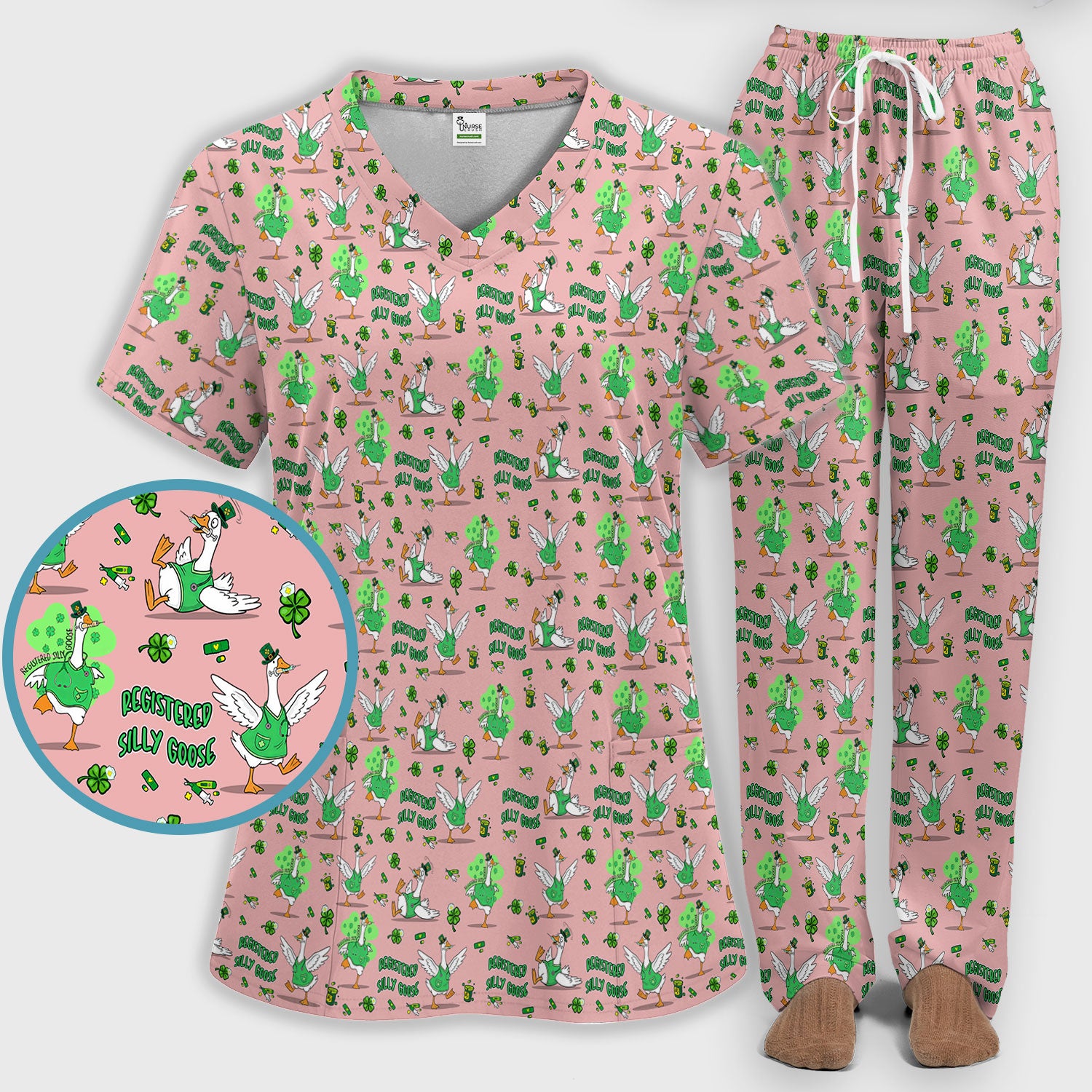Silly Goose St. Patrick’s Day Scrub Set, Funny Goose Shamrock Pattern Nurse Scrub Shirt, Irish Green Nursing Uniform