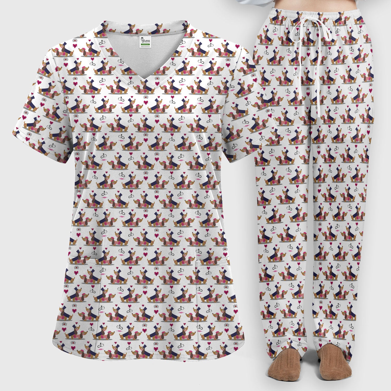 Valentine Dachshund Nurse Scrub Set - Funny Couple Gift for Women