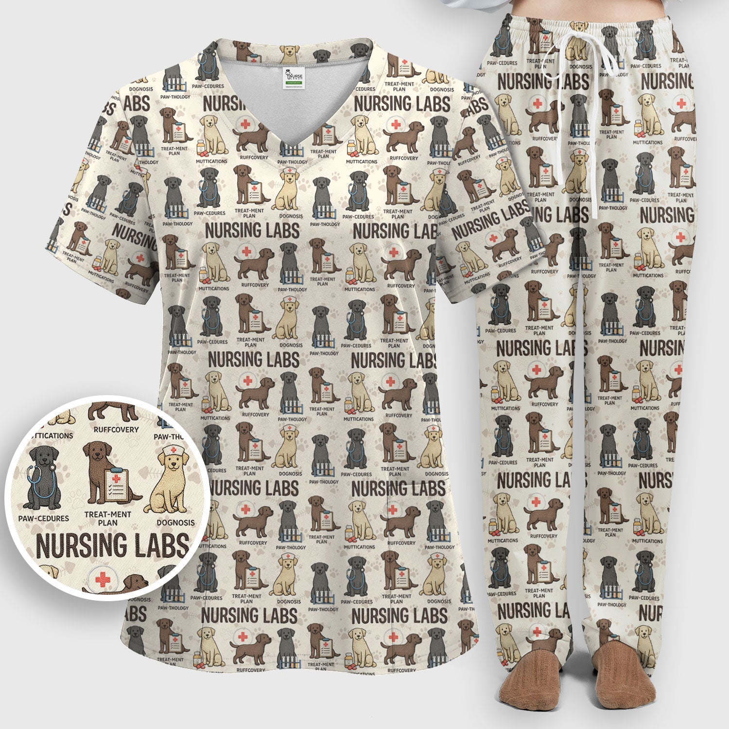 Playful Nursing Labs Dog Pattern Scrub Set, Nurse Uniform Scrubs Set