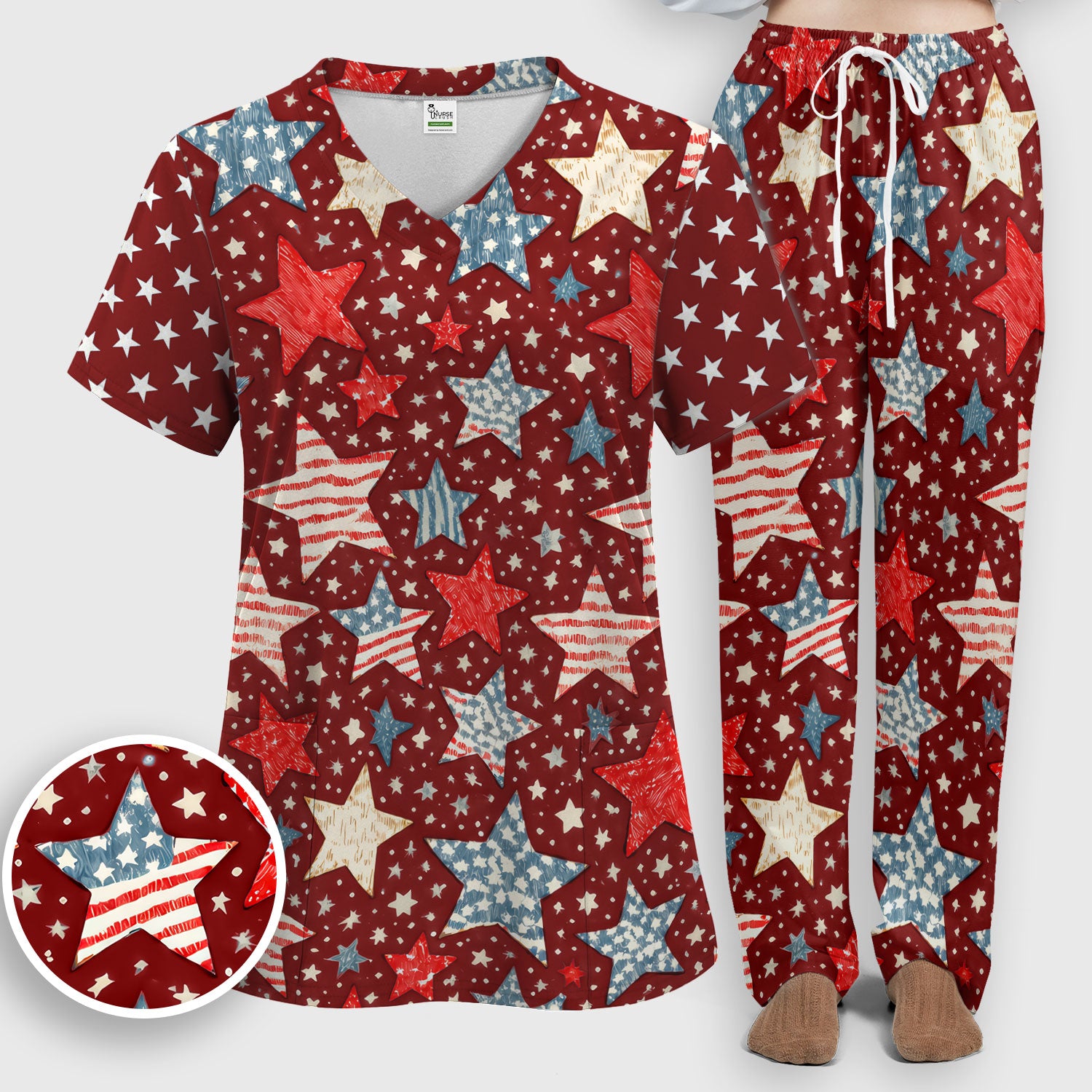 Patriotic Star Pattern Women's Scrub Set, Scrub Pants and V Neck Top