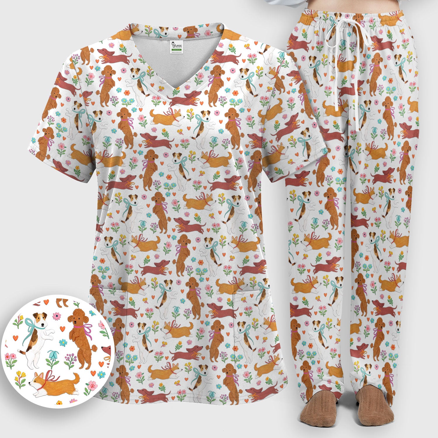 Cute Cartoon Dog Print Women's Scrub Set, Scrub Pants and V Neck Top