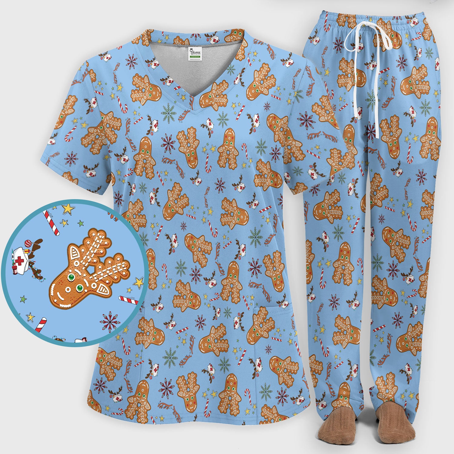 Gingerbread Cookies Reindeer Scrub Sets - Comfortable Scrubs for Nurses - Funny Christmas Gingerbread Scrub Pants and V Neck Top