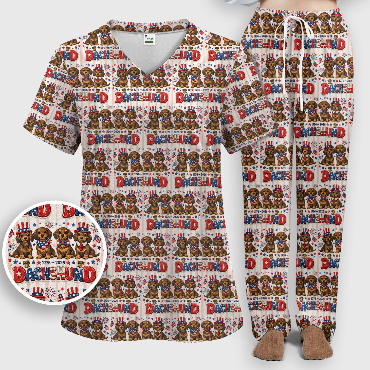 Patriotic Dachshund Fireworks Pattern Scrub Set, Scrub Pants and V Neck Top