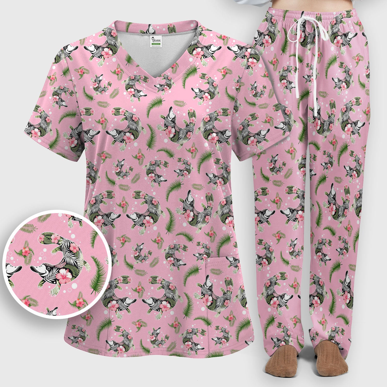 Cute Platypus Scrub Set, Tropical Floral Animal Pattern Nurse Shirt, Breathable Fabrics Nursing Uniform