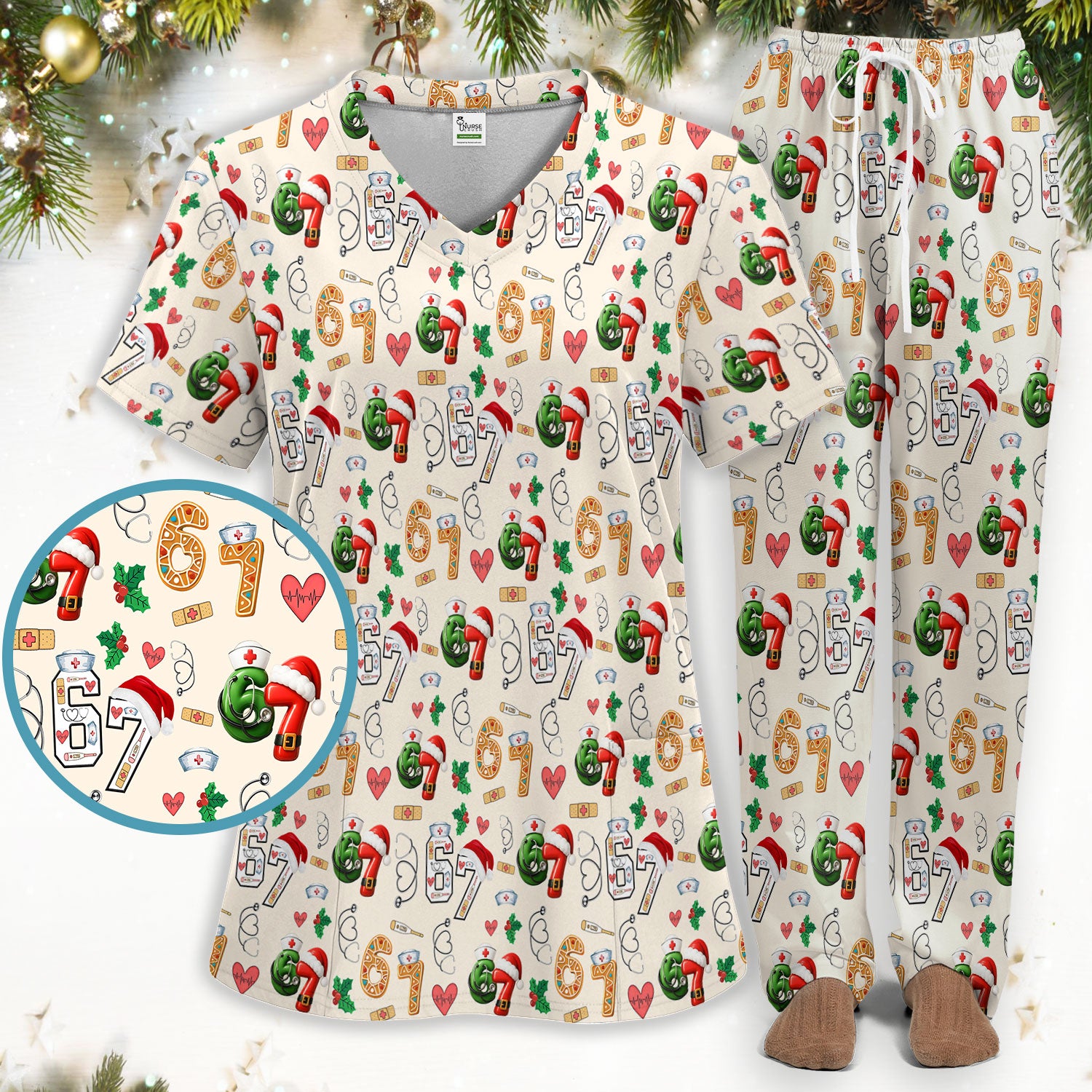 Christmas Nurse 67 Pattern Scrub Set, Cute Holiday Medical Uniform With Santa Hat, Uniform For Nursing