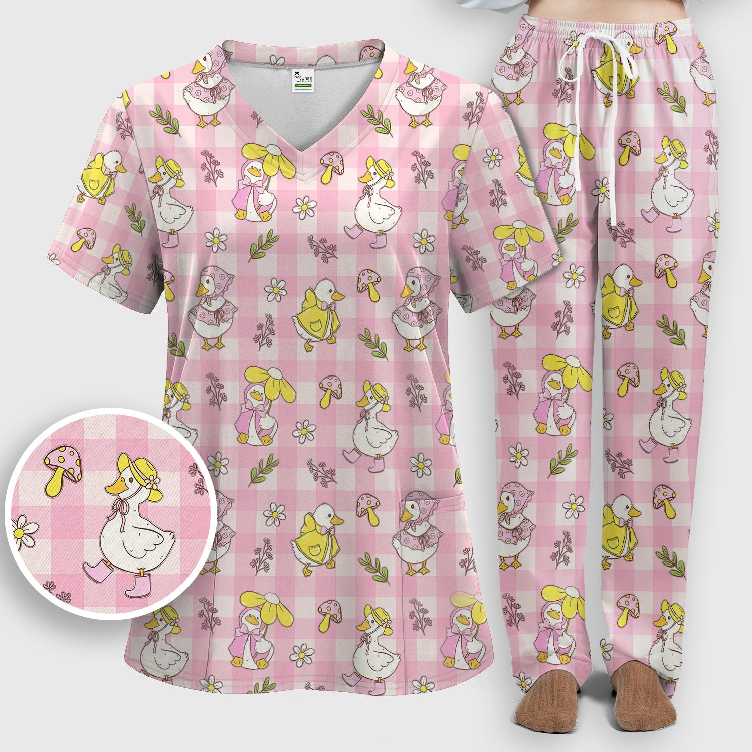 Cute Duck Outfit Gingham Pattern Scrub Set, Scrub Pants and V Neck Top