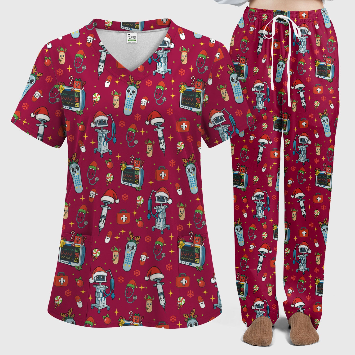 Christmas Nurse Scrub Set - Funny Robot and Reindeer Pattern Medical Scrubs - Cute Holiday Matching Set for Women Nurses