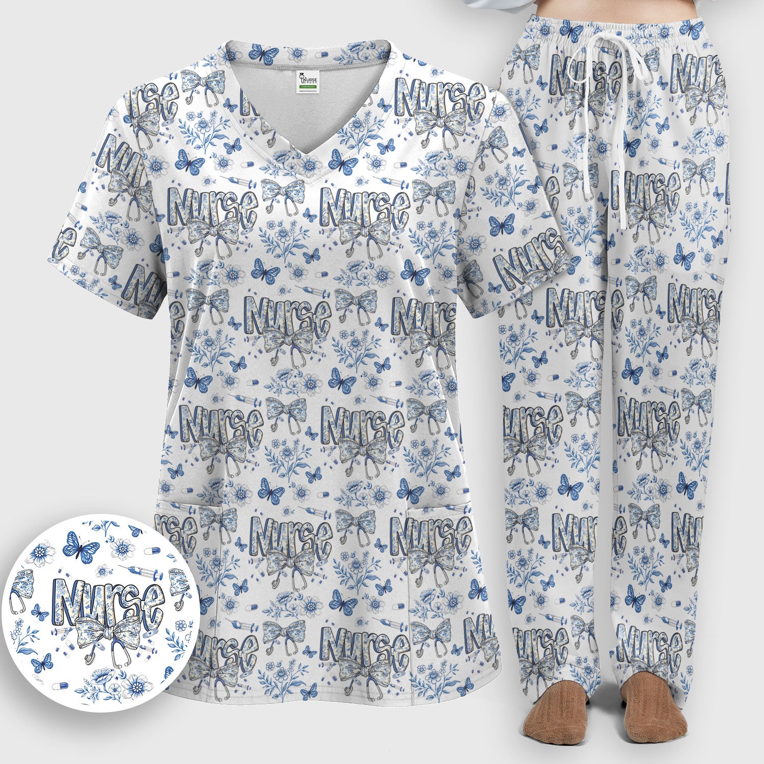 Blue Nurse Bow Butterfly Floral Pattern Scrub Set,  Breathable Med Uniform