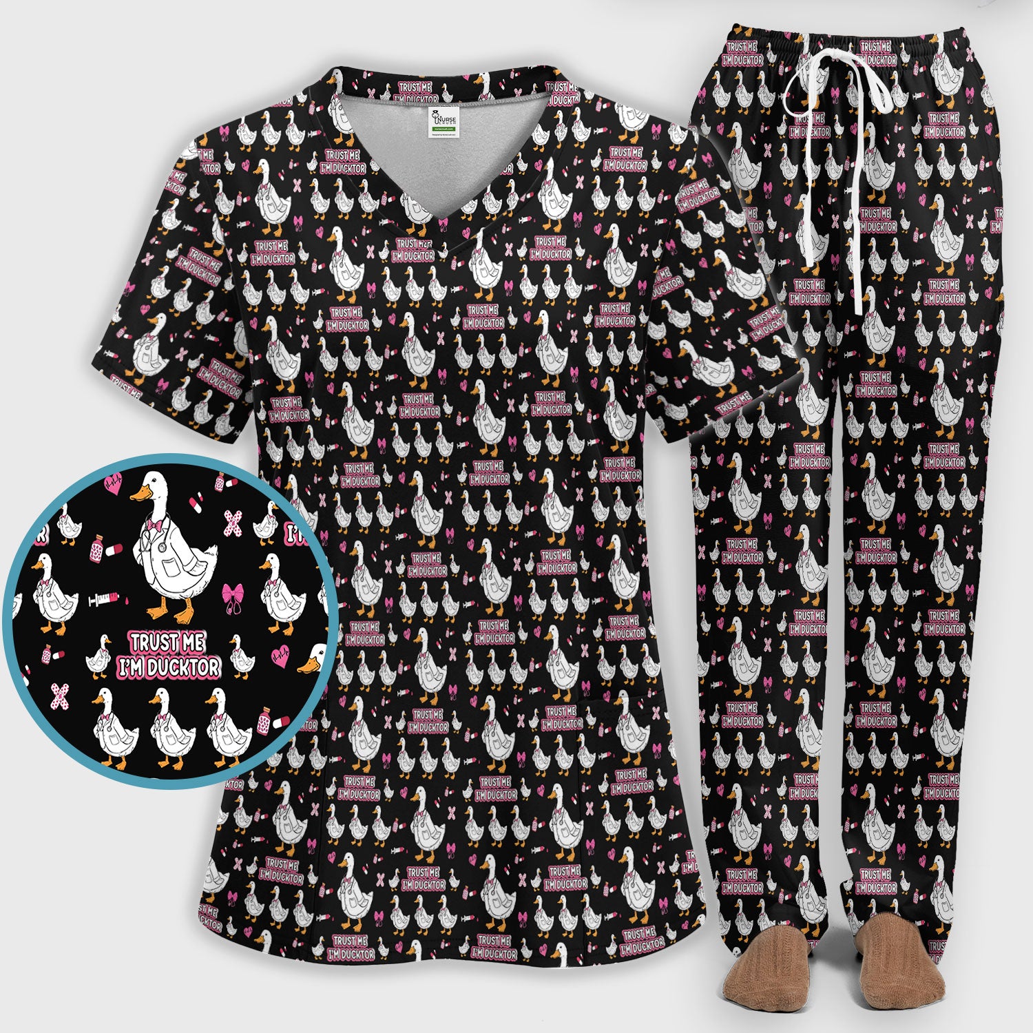 Trust Me I'm Ducktor Scrub Set, Funny Duck Pattern Scrub Shirt, Breathable Fabrics Nursing Uniform For Women