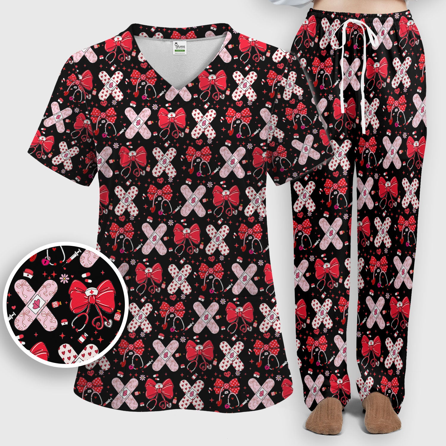 Valentine Nurse Scrub Set, Red Bow And Heart Bandage Pattern Medical Shirt, Breathable Fabrics Nursing Uniform