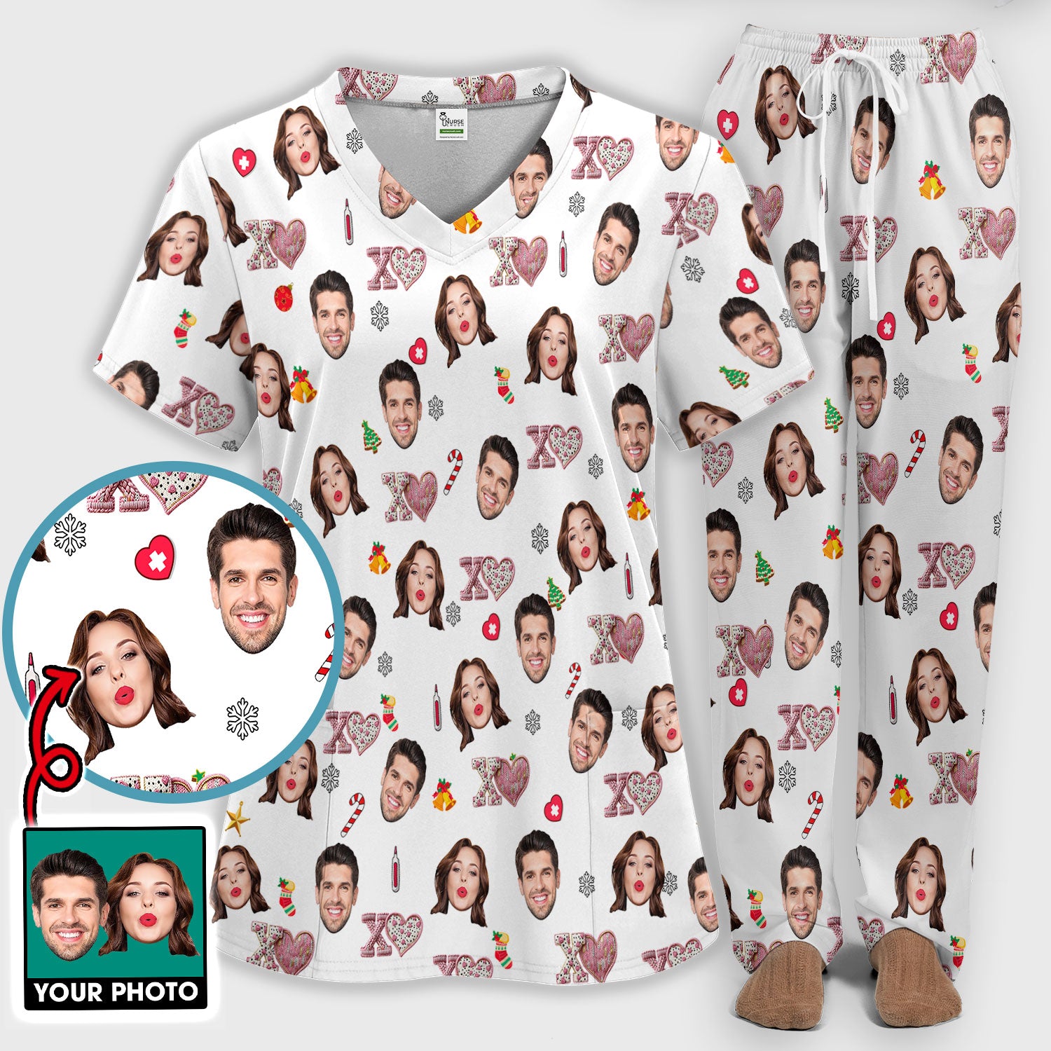 Custom Face Pattern XOXO Scrub Shirt, Personalized Photo Scrub Set, Breathable Fabrics Nursing Uniform