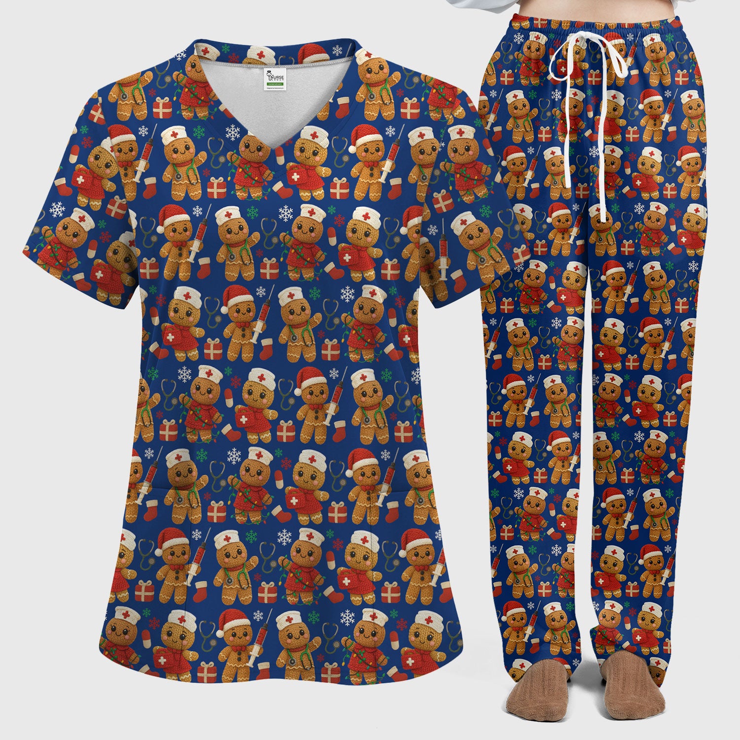 Cute Gingerbread Nurse Scrubs for Women - Christmas Pattern Scrub Top & Pants - Festive Holiday Scrubs with Charming Gingerbread Design