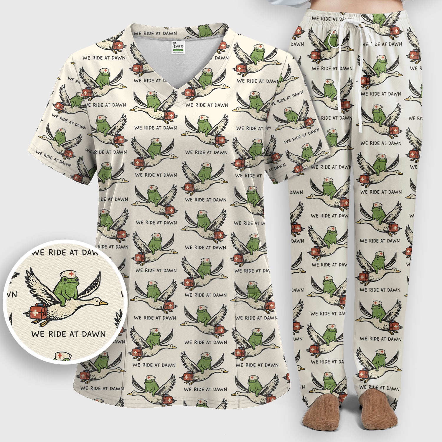 Funny Frog Riding Goose Nurse Pattern Scrub Set, Nurse Uniform Scrubs Set
