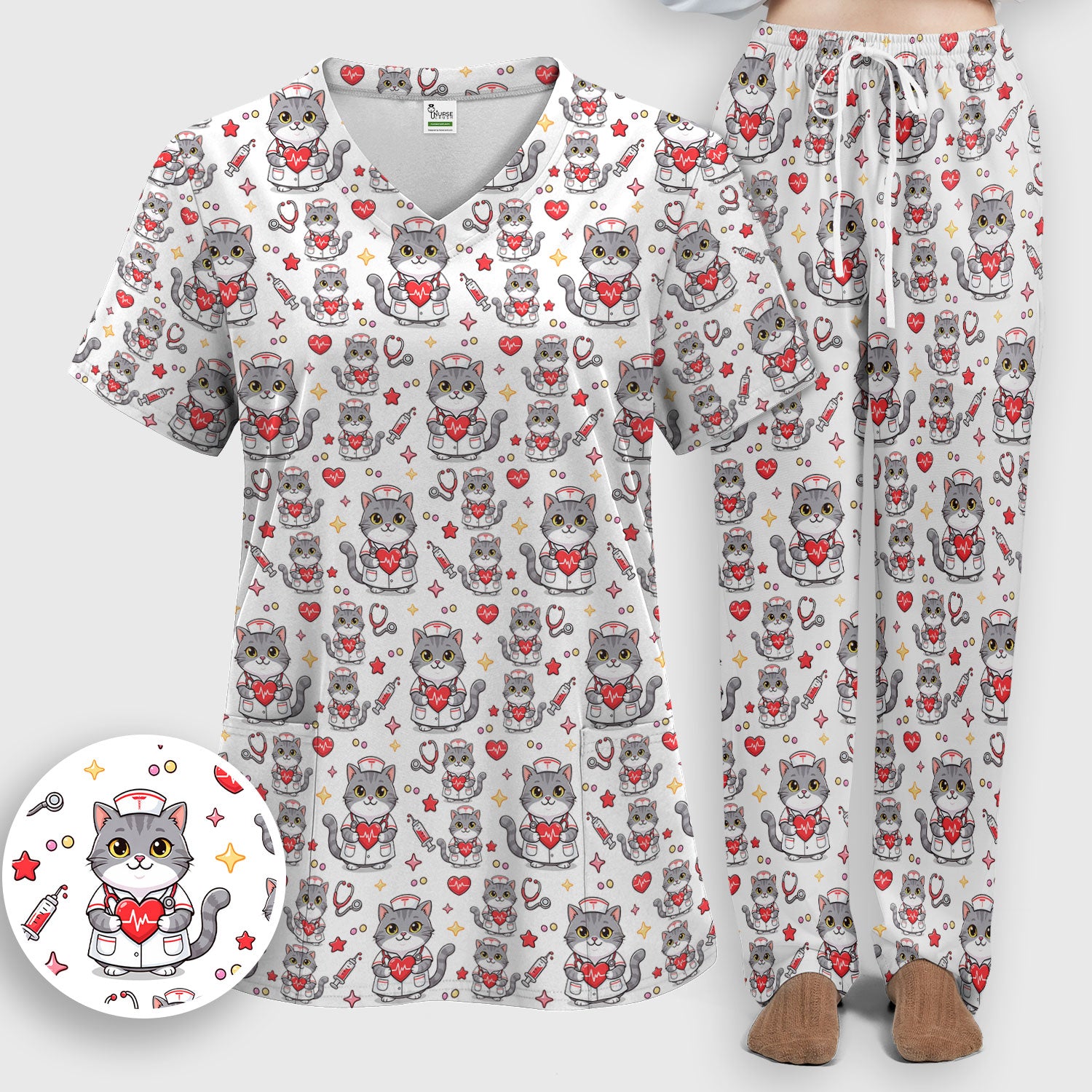 Cute Nurse Cat Heart Medical Print Scrub Set, Scrub Pants and V Neck Top