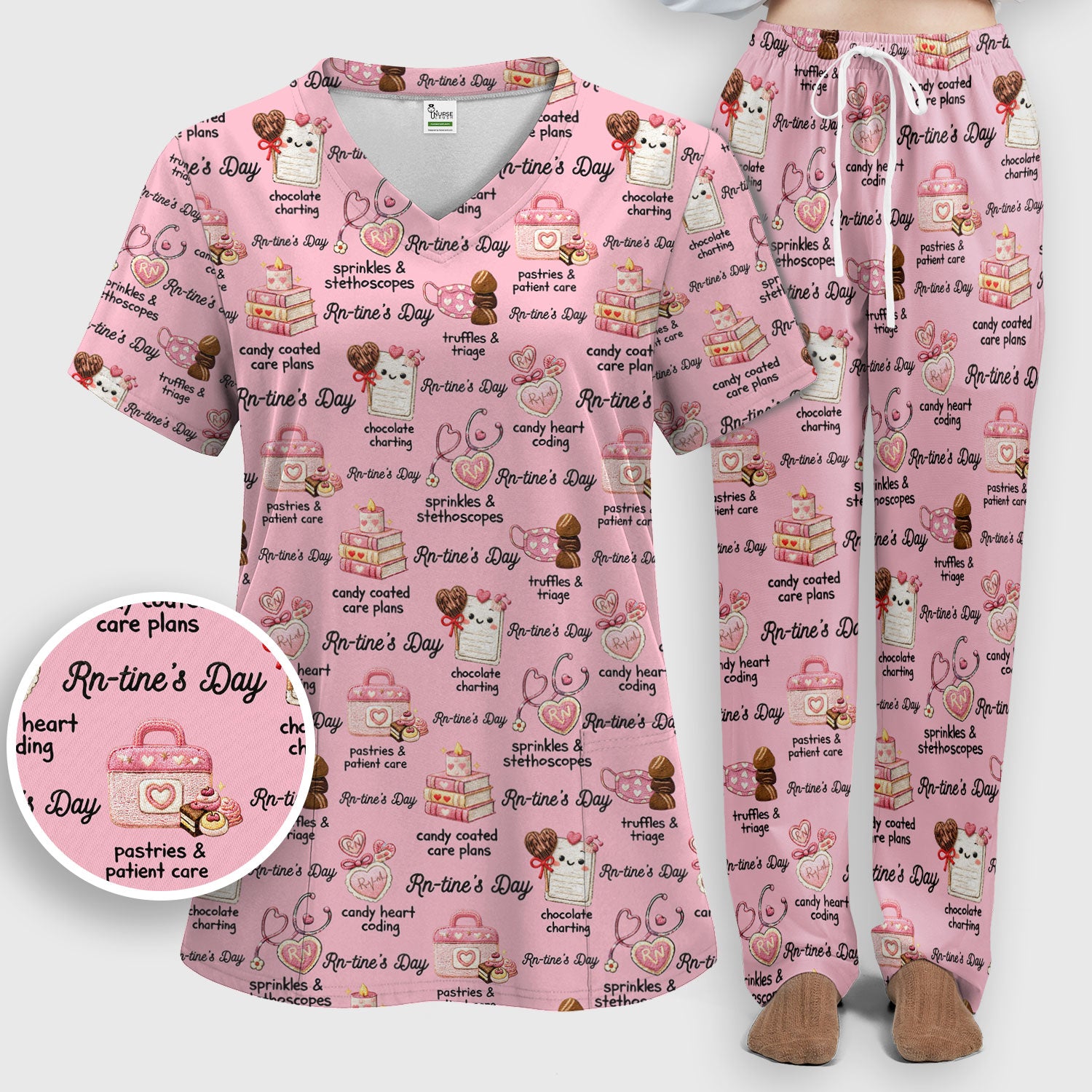 RN Sweets Valentine Stethoscope Scrub Set, Scrub Pants and V Neck Top