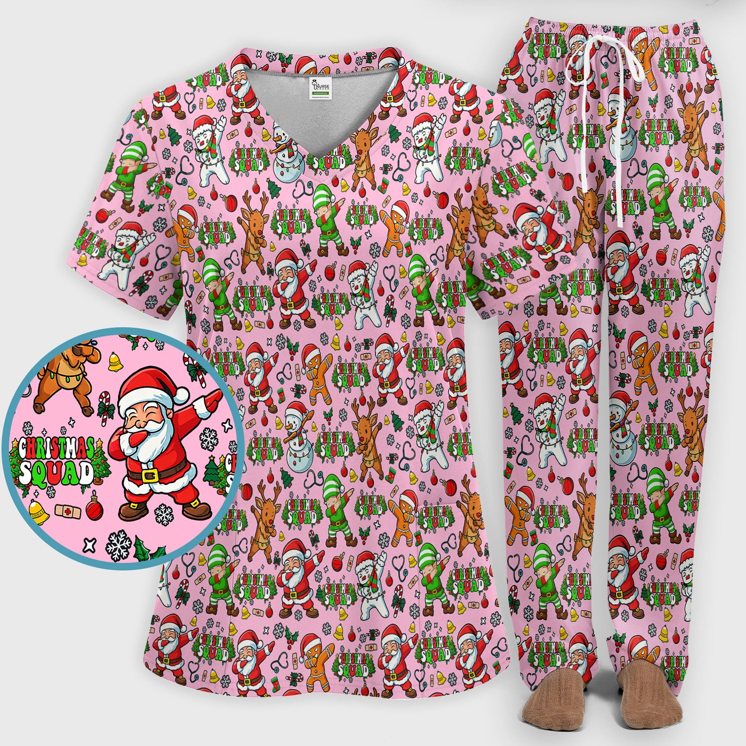 Christmas Squad Scrub Set - Dancing Santa, Reindeer & Elf Pants and V Neck Top - Funny Holiday Gift for Nurses, Doctors & Vet Techs