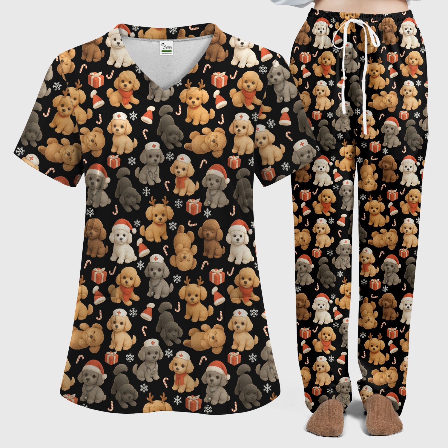 Christmas Poodle Scrubs Set for Women - Cute Dog Pattern Scrub Top & Pants - Festive Holiday Christmas Scrubs with Adorable Poodle Design