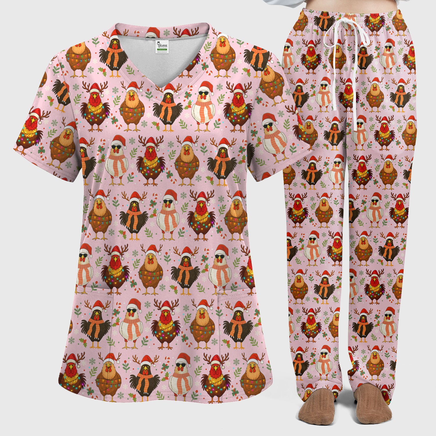 Funny Chicken Scrubs for Women - Christmas Pattern Scrub Top & Pants - Christmas Scrubs with Adorable Design