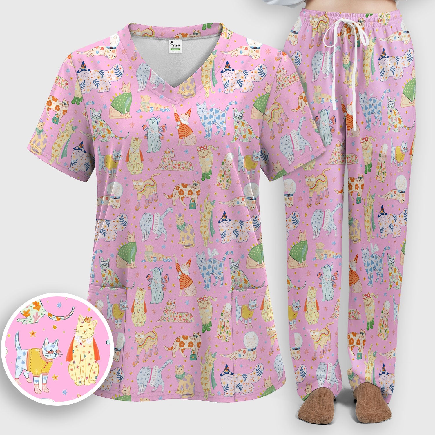 Colorful Pastel Cartoon Cats Print Scrub Set, Breathable Med Uniform