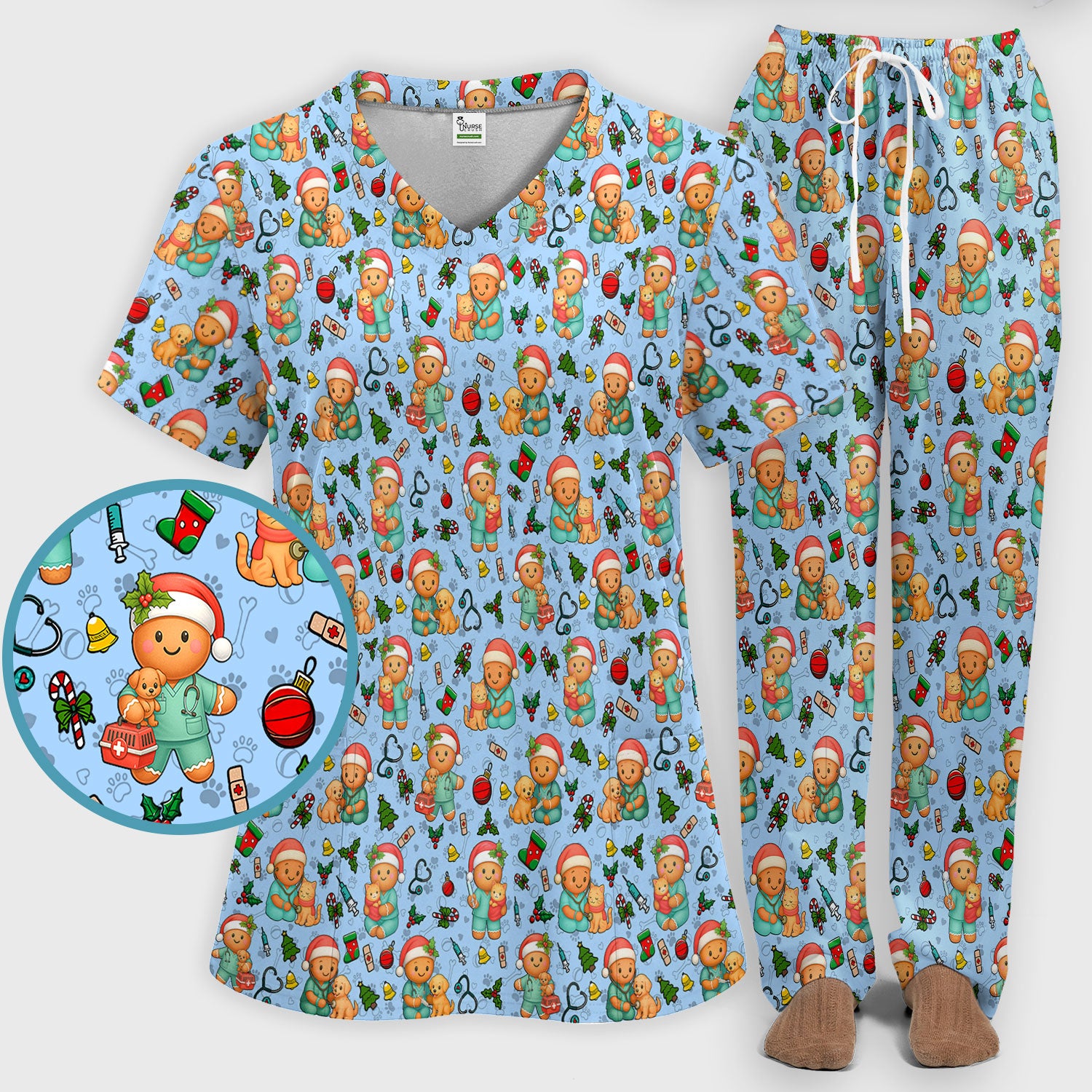 Cute Pharmacy Christmas Scrub Set – Funny Gingerbread Nurse Print Shirt – Festive Holiday Medical Uniform for Pharmacy Tech and Doctor
