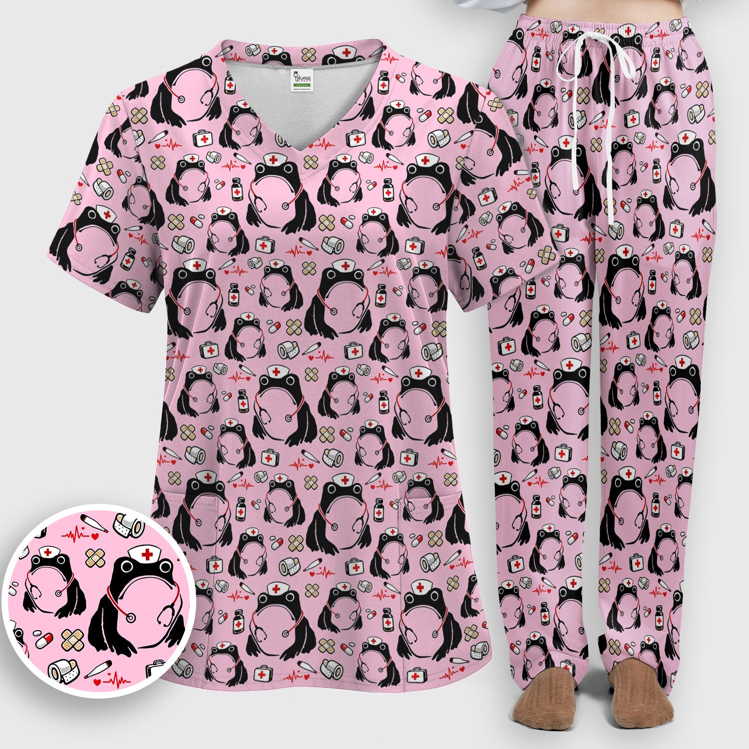 Cute Frog Nurse Medical Pattern Scrub Set, Breathable Med Uniform