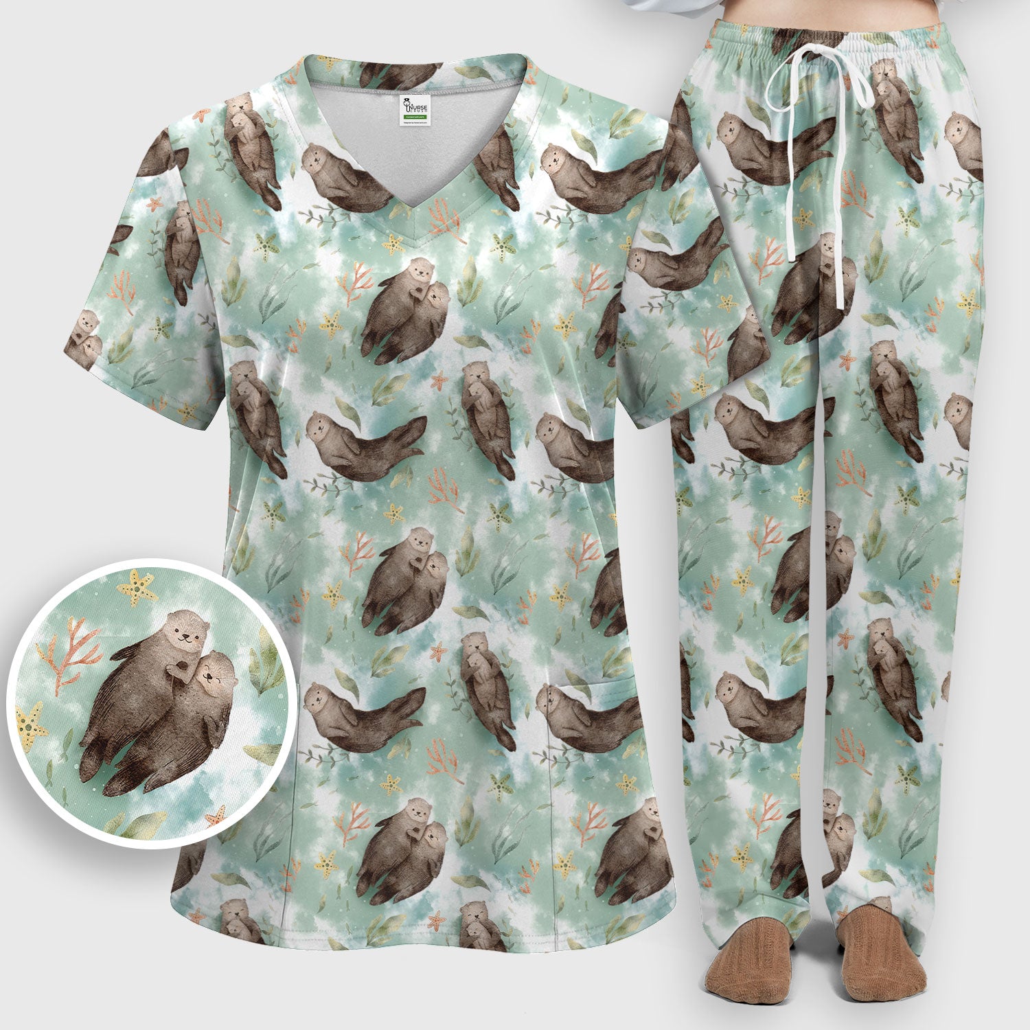 Cute Sea Otter Watercolor Print Scrub Set, Scrub Pants and V Neck Top