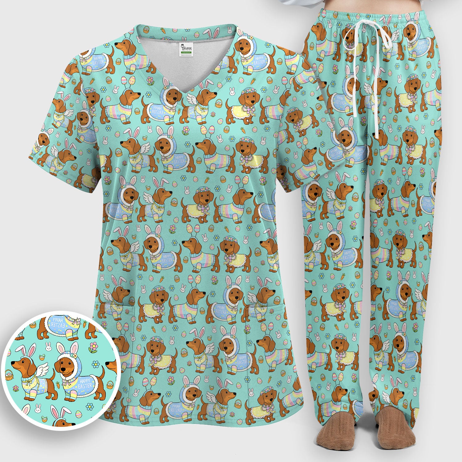 Easter Dachshund Bunny Pattern Scrub Set, Scrub Pants and V Neck Top