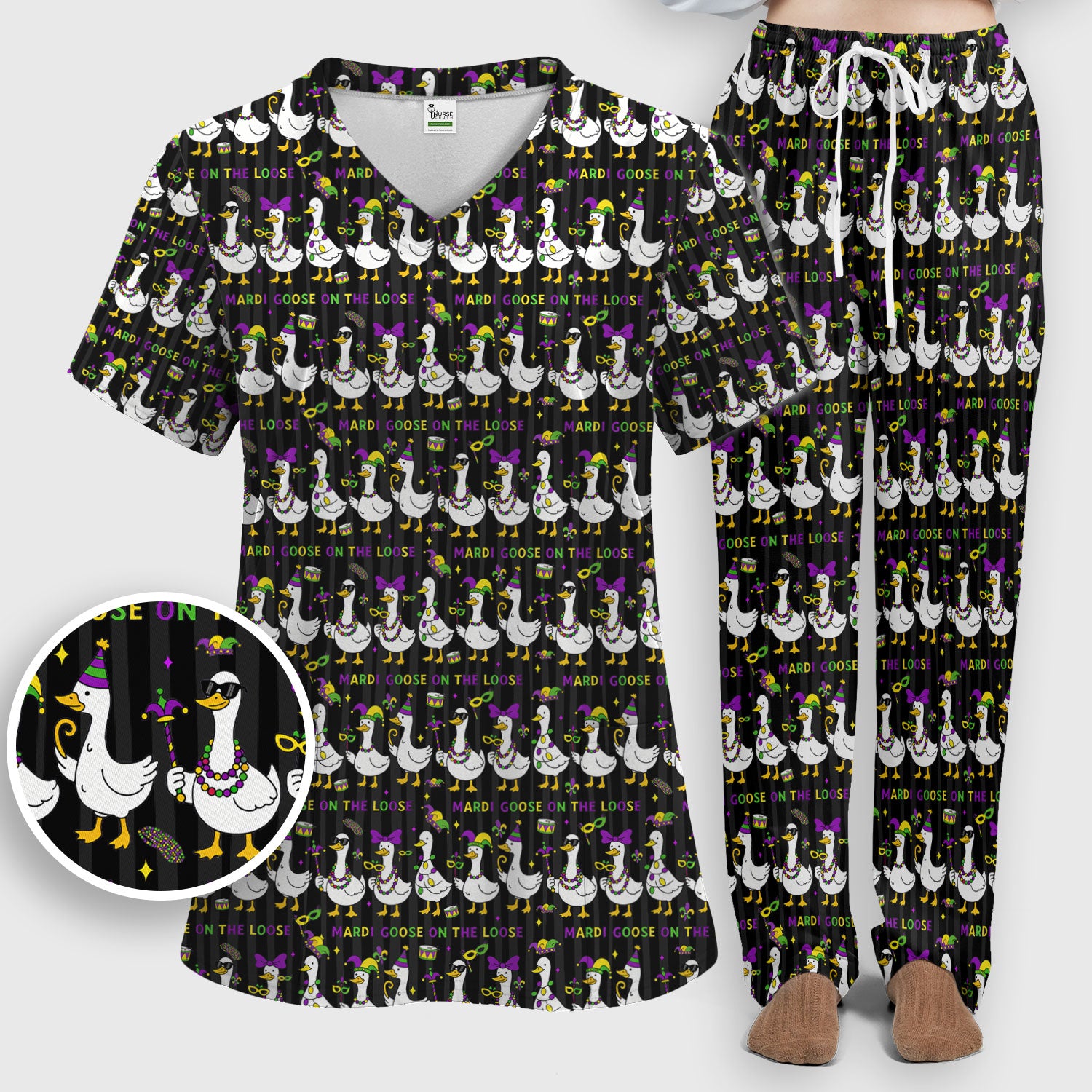 Mardi Gras Goose Nurse Scrub Set, Funny Carnival Medical Pattern Nurse Shirt, Breathable Fabrics Nursing Uniform