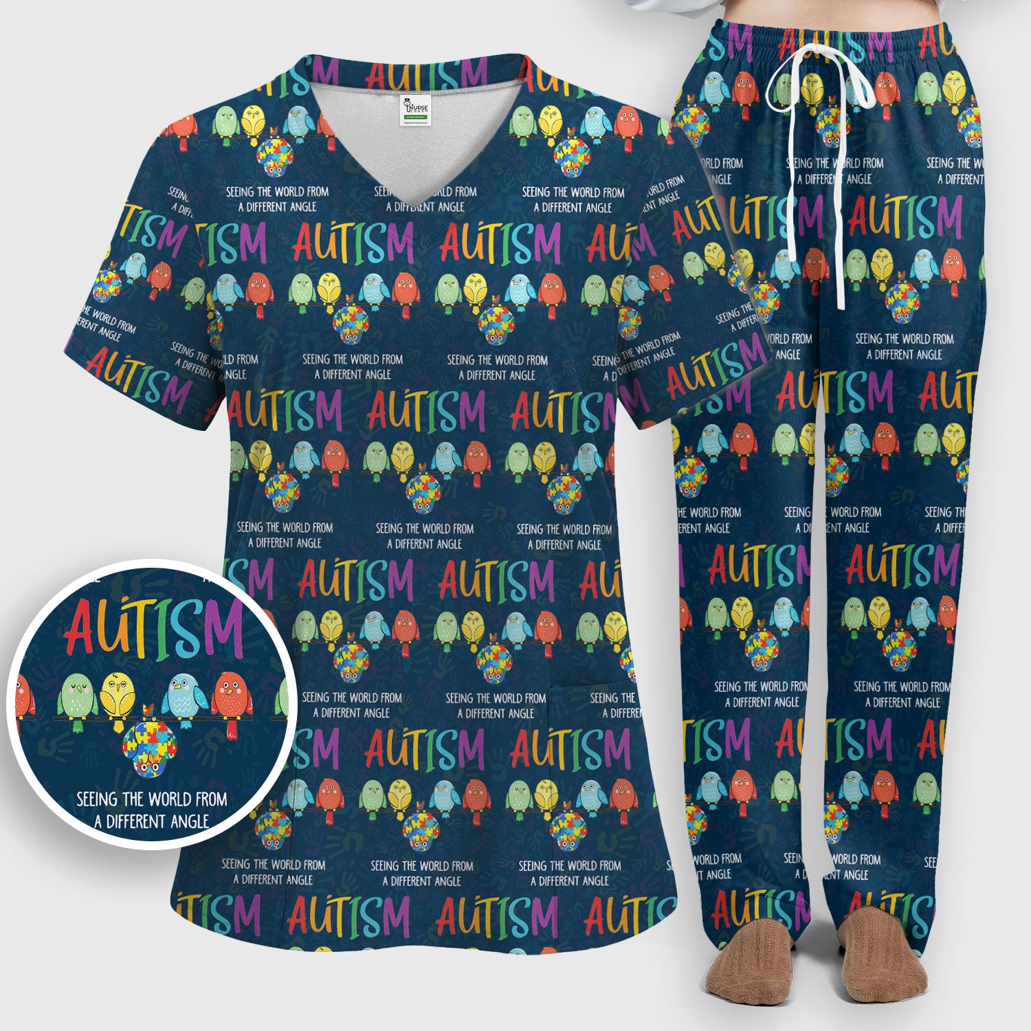 Autism Seeing The World From A Different Angle Birds Scrub Set, Breathable Med Uniform