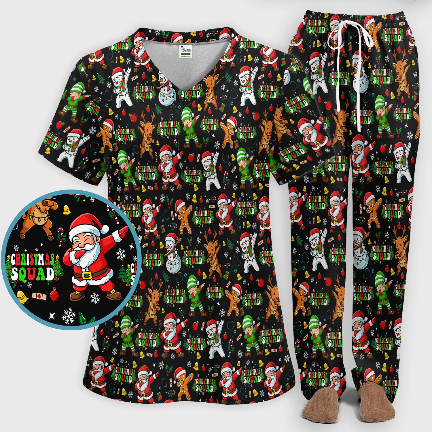 Christmas Squad Scrub Set - Funny Santa & Reindeer Pants and V Neck Top - Cute Holiday Medical Uniform for Nurses, Doctors & Vet Techs