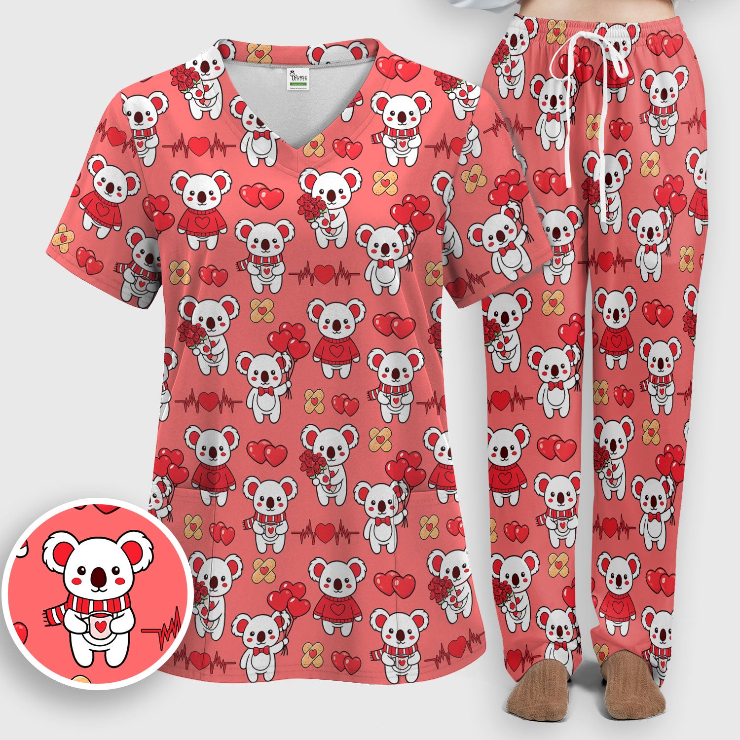 Sweet Koala Valentine Medical Design Scrub Set, Breathable Med Uniform