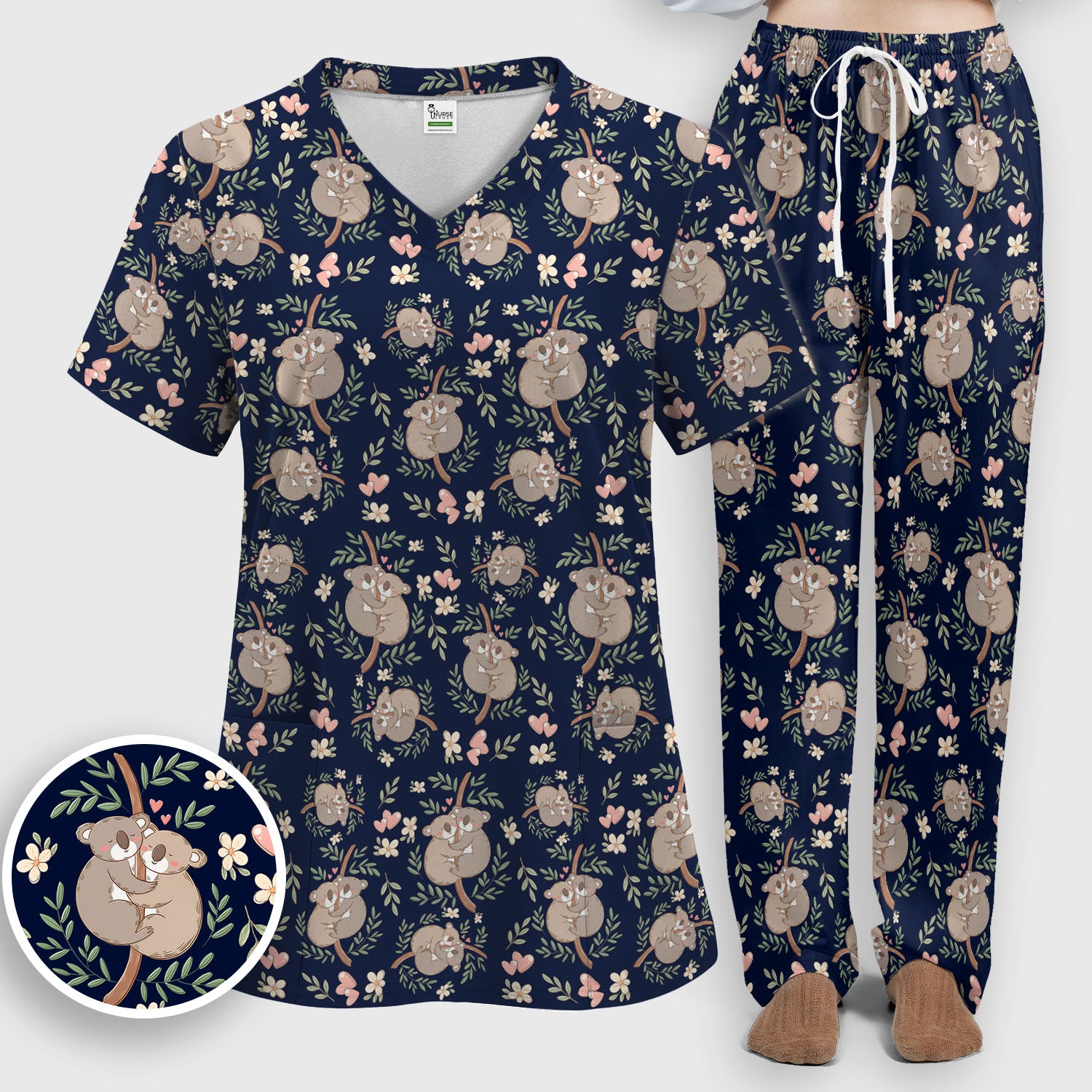 Cute Koala Couple Floral Medical Print Scrub Set, Women's Scrub Sets