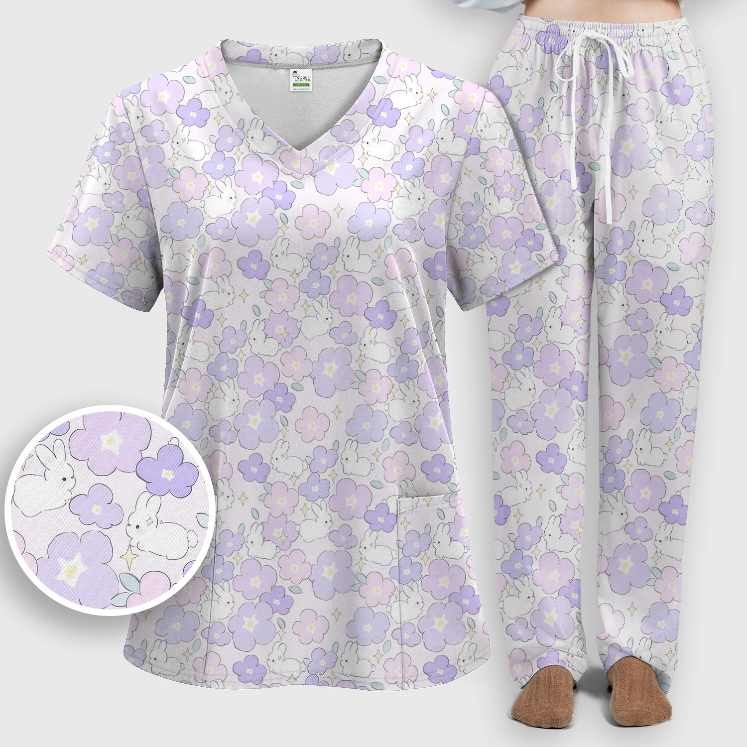 Cute Bunny Floral Pastel Pattern Scrub Set, Women's Scrub Sets