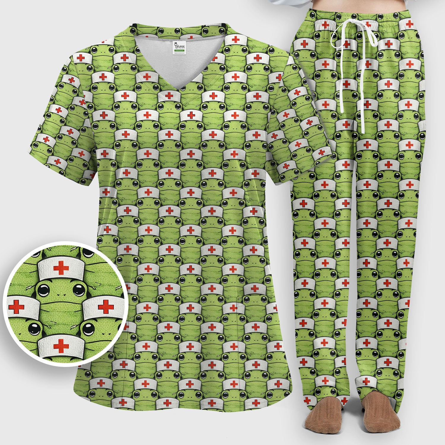 Funny Green Nurse Frog Scrub Set, Scrub Pants and V Neck Top