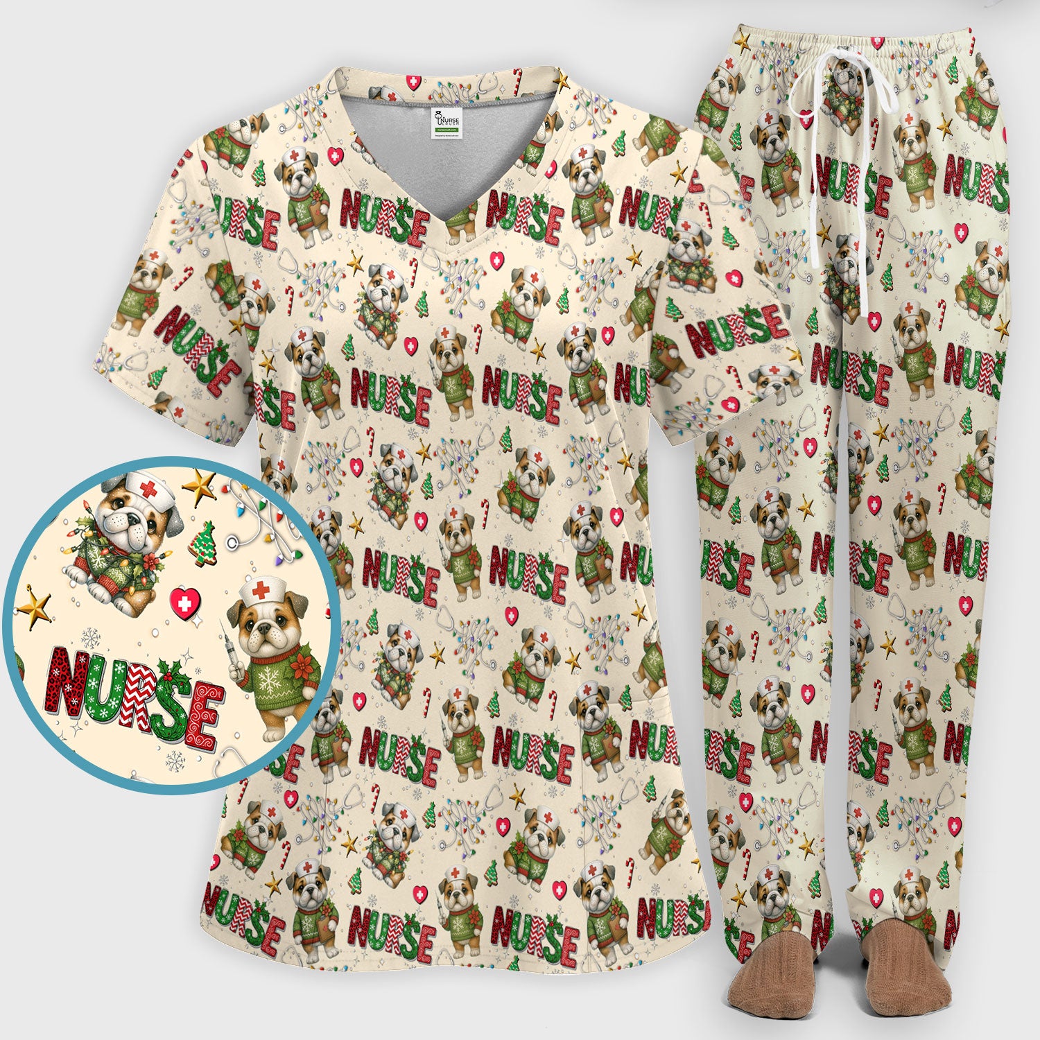 Bulldog Christmas Nurse Scrub Set - Funny Dog Scrubs Pants and V Neck Top - Cute Holiday Medical Uniform