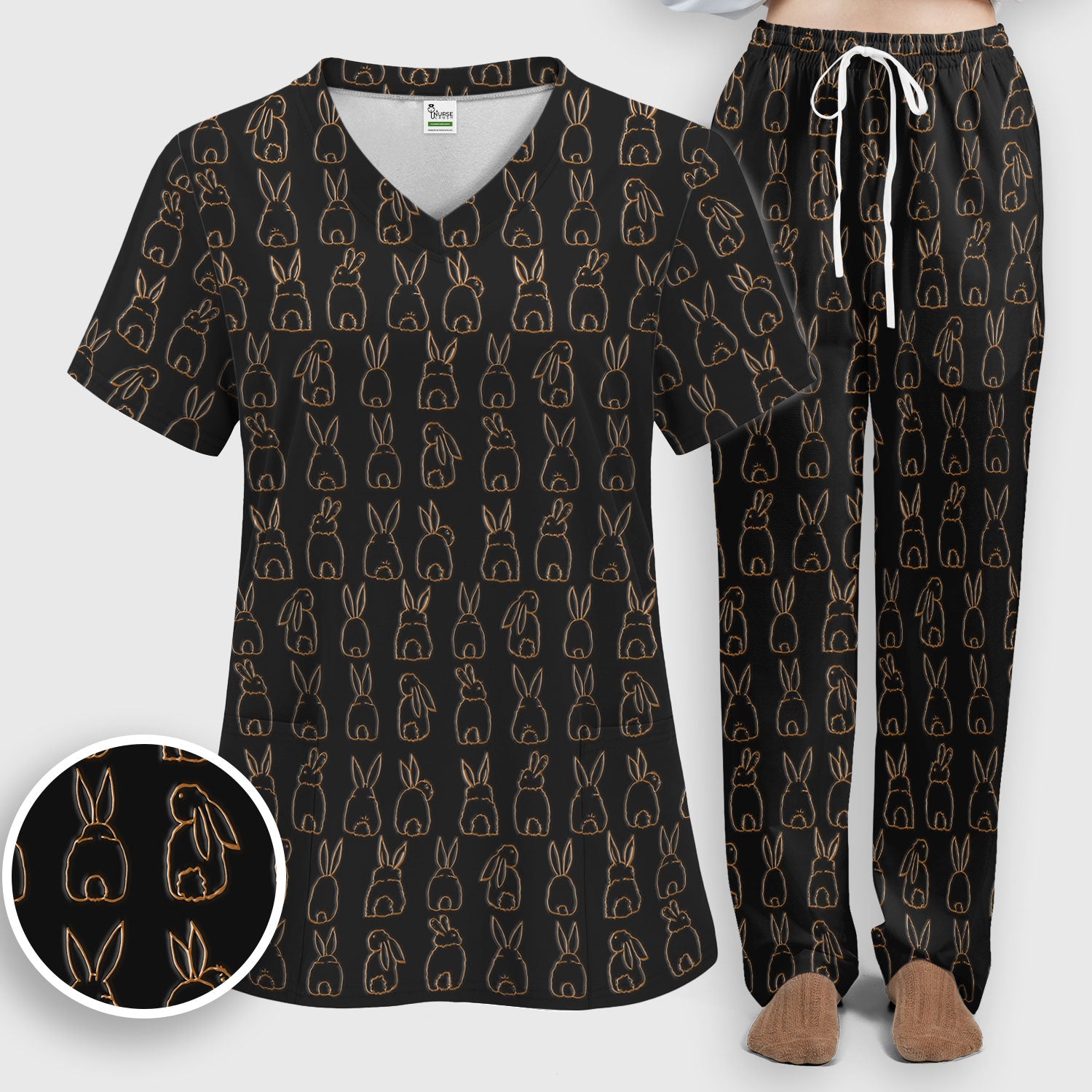 Cartoon Bunny Line Art Pattern Medical Scrub Set, Breathable Med Uniform