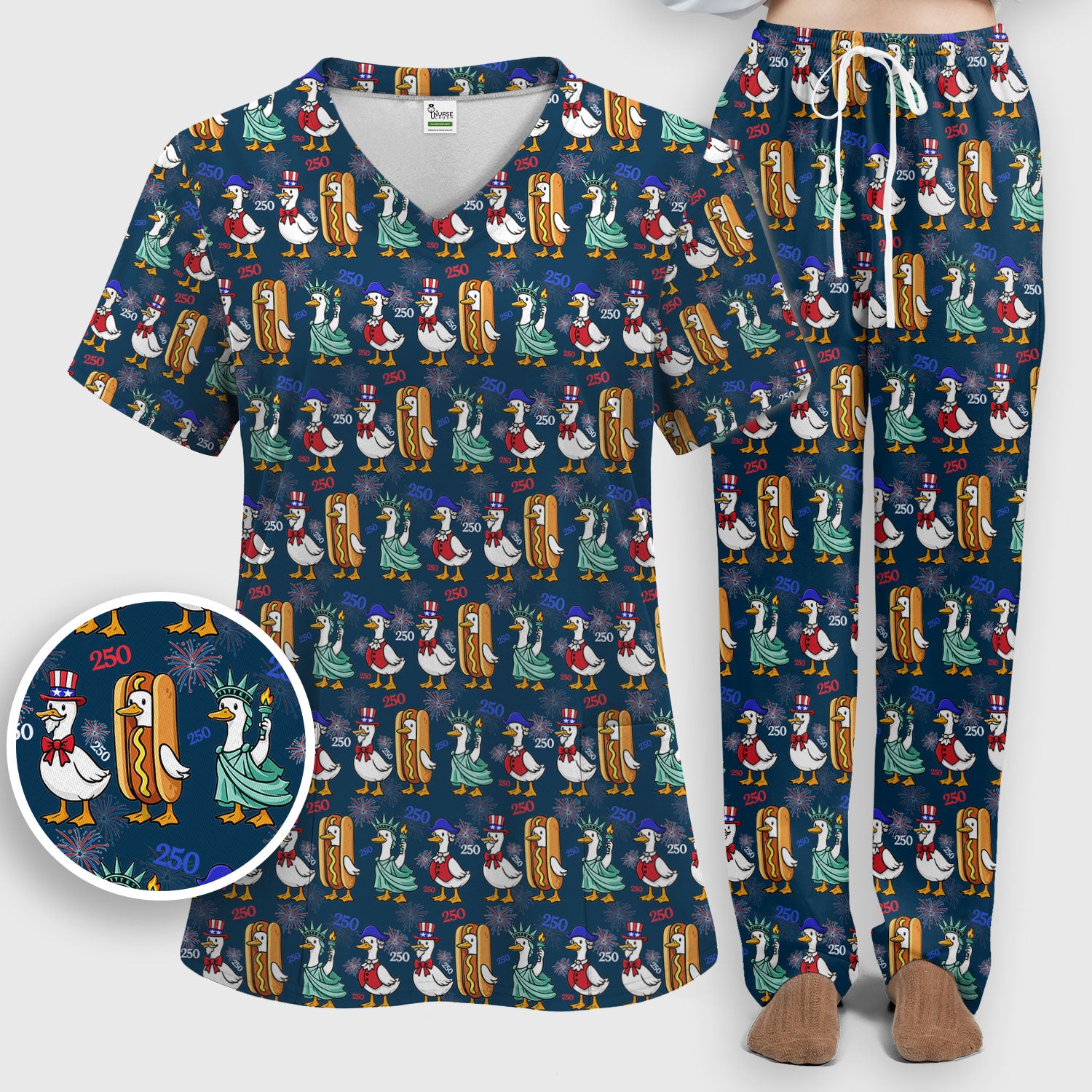 Patriotic Duck Independence Day Pattern Scrub Set, Scrub Pants and V Neck Top