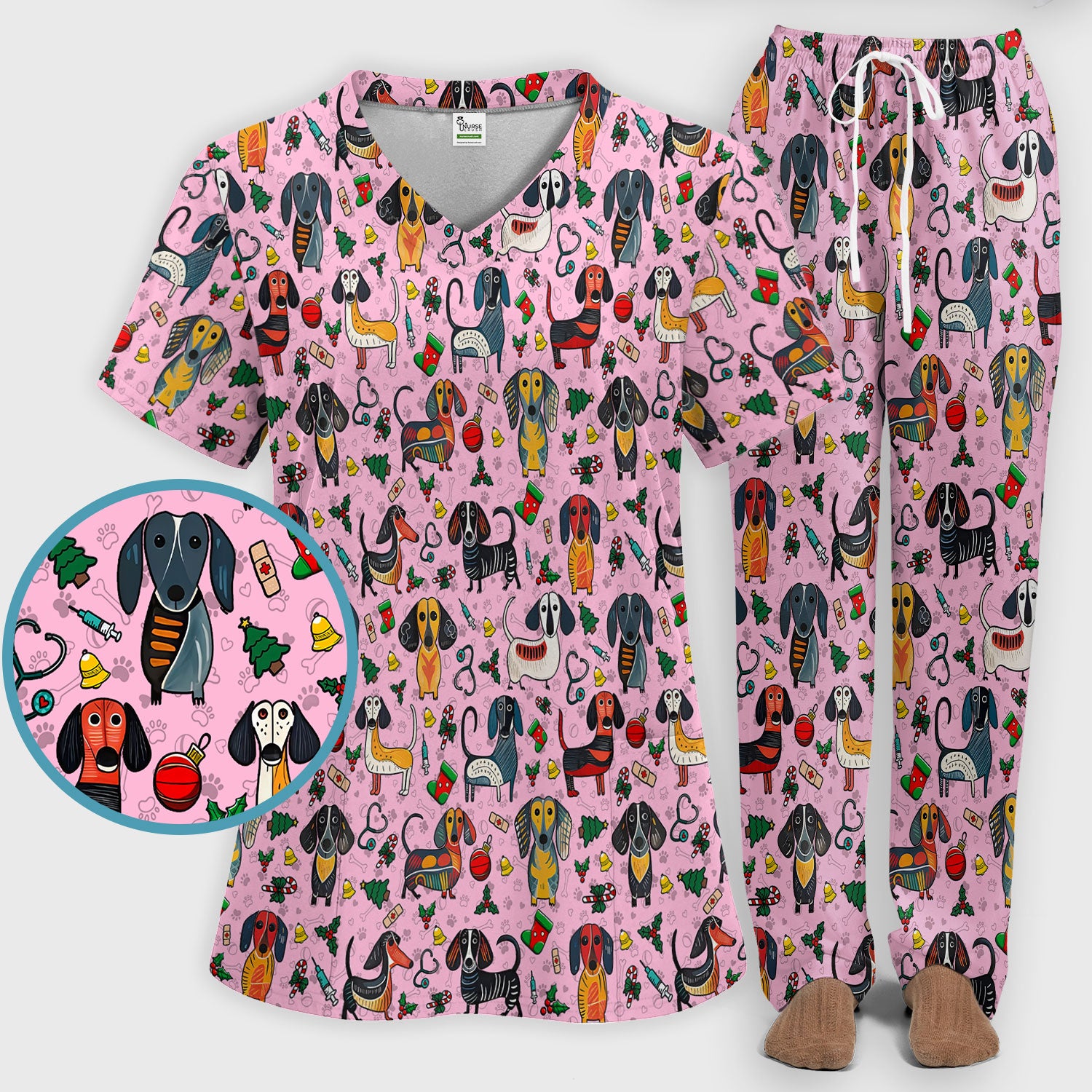 Christmas Wiener Dog Scrub Set - Funny Sausage Dog Pants and V Neck Top - Holiday Medical Uniform