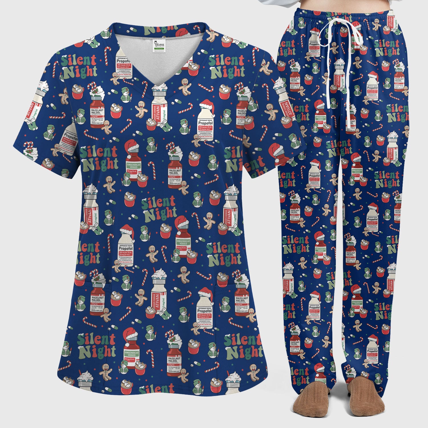 Christmas Medicine Scrub Set for Nurses - Silent Night Propofol Print Scrubs Pants and Top - Funny Holiday Medical Scrub Gift for Women RN CNA LPN