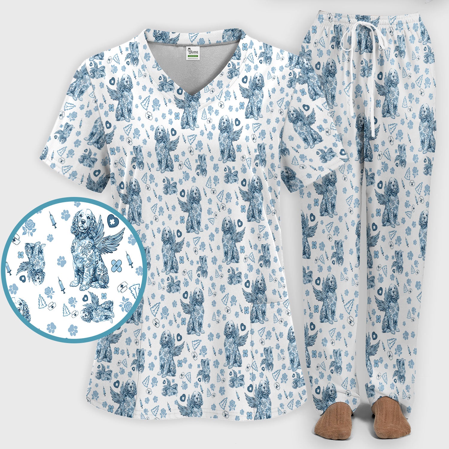 Toile De Jouy Scrub Set for Nurses - Angel Puppy Medical Uniform - Floral Dog in Heaven Gift for Women, Vet Techs, RN CNA LPN